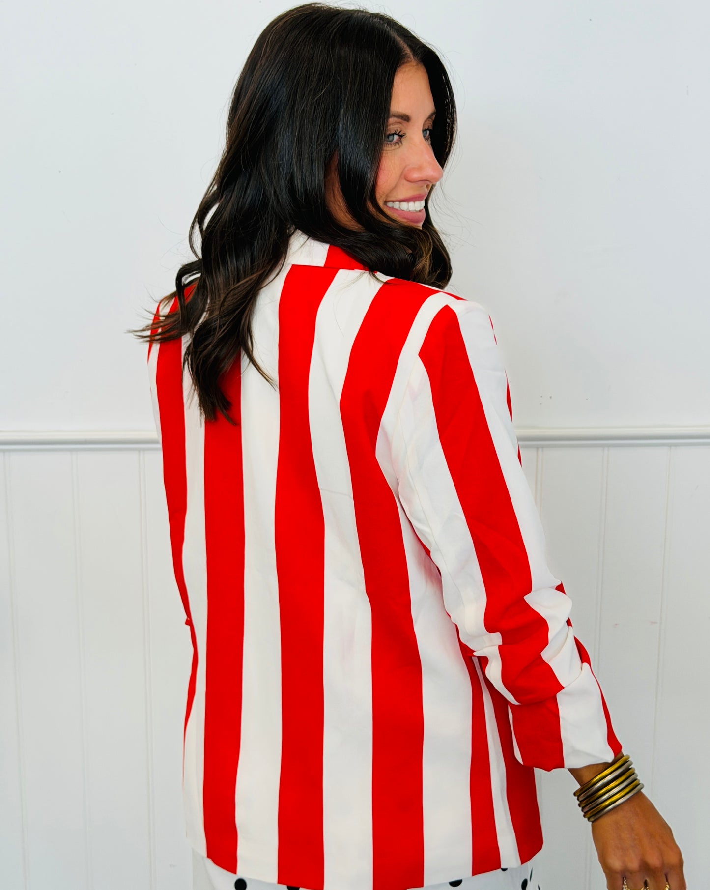 Red White Vertical Stripe Relaxed Blazer (Reg. & Plus)