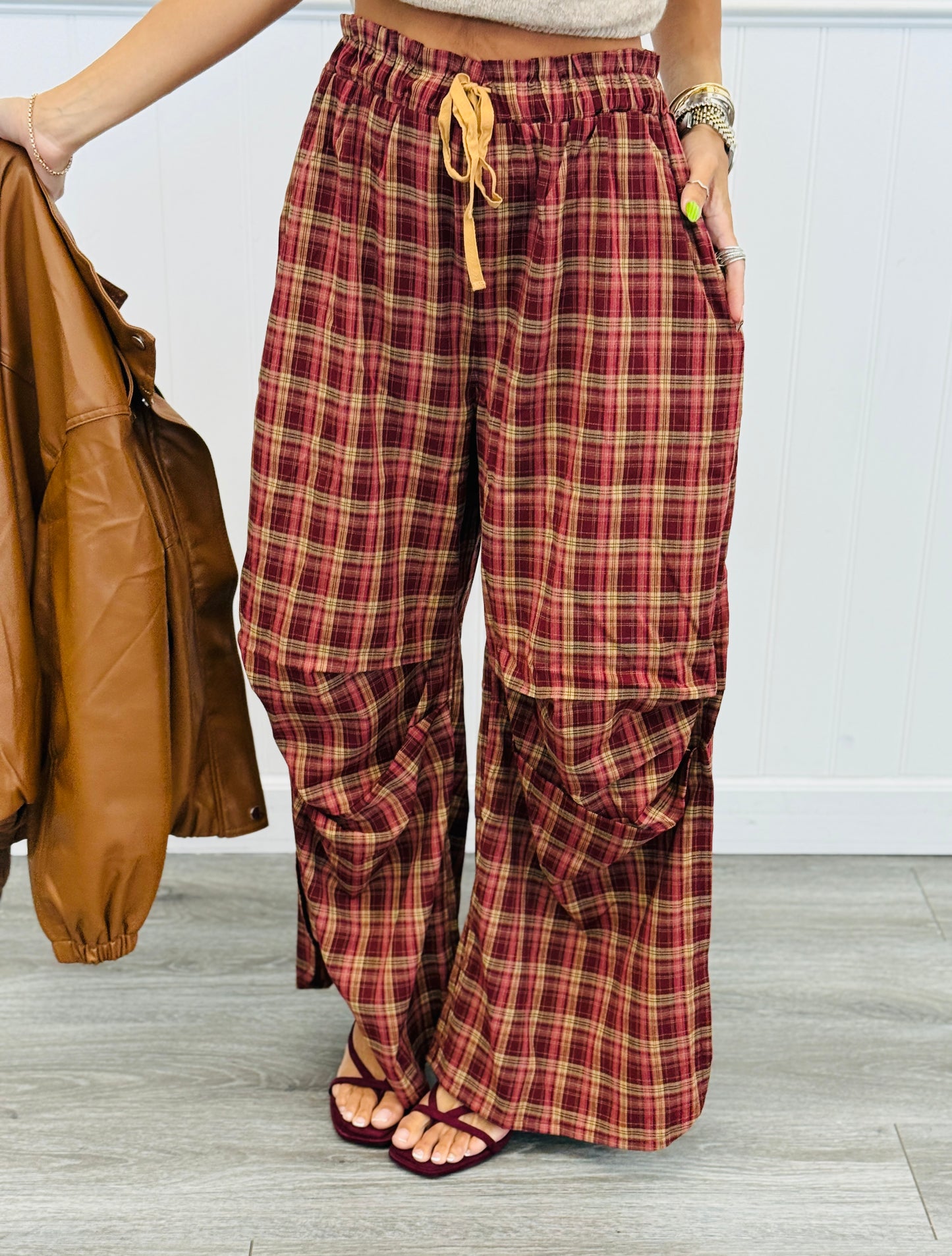 Brick/Gold Plaid Baggy Wide Leg Pants (Reg.)
