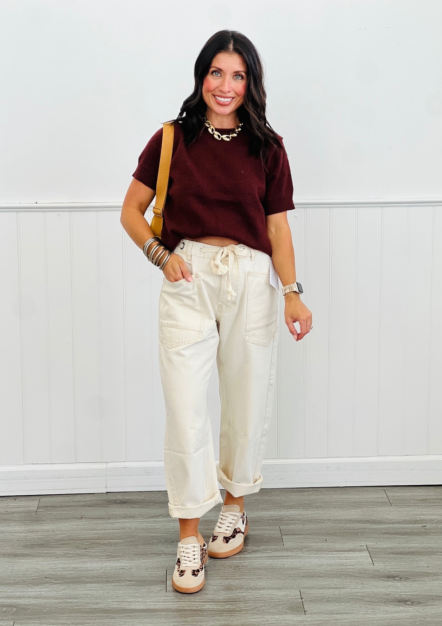 Cream Grommet Waist Denim Barrel Pants (Reg.)
