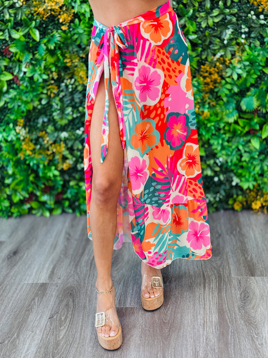 Floral Mesh Ruffle Trim Skirt Coverup (One Size)