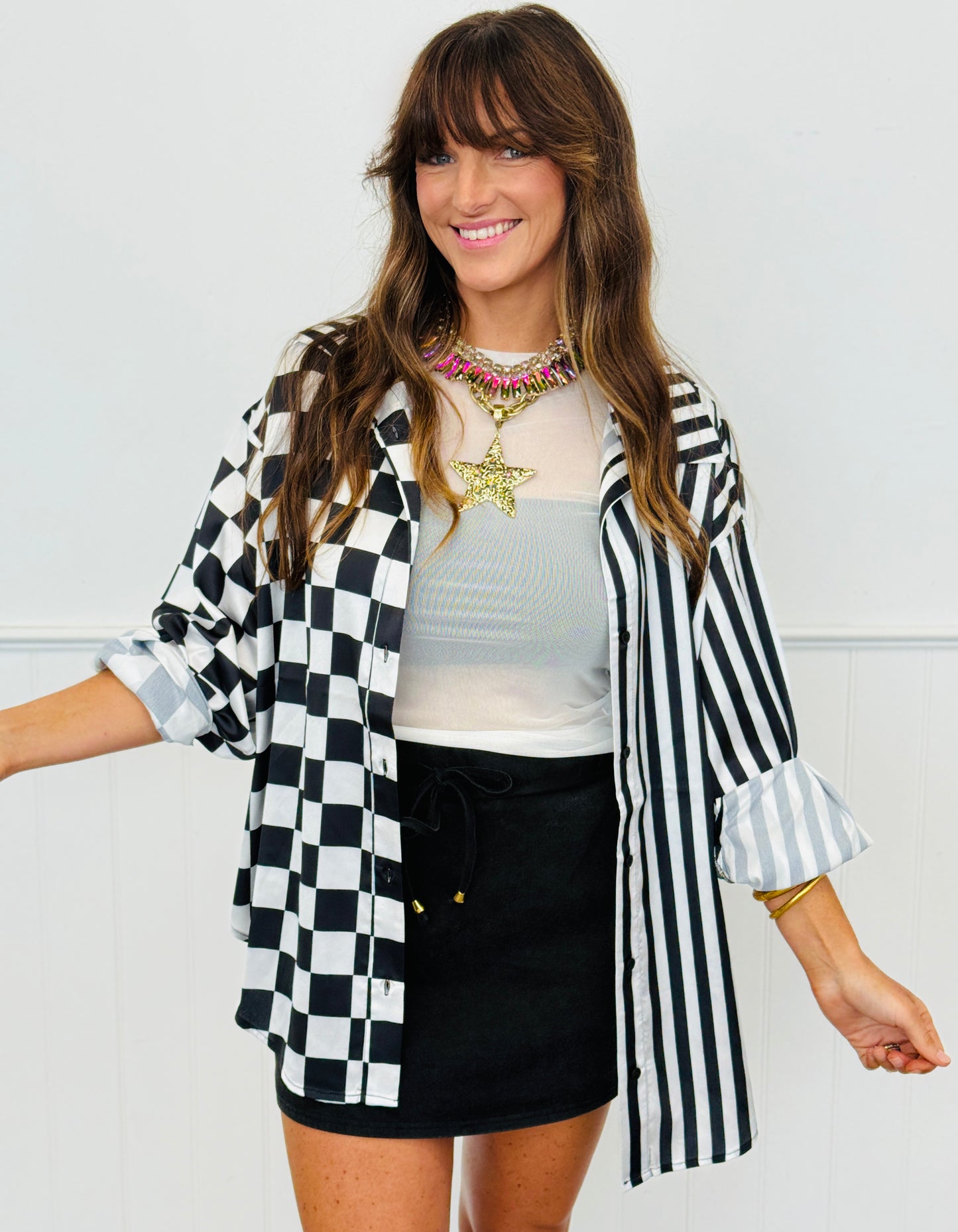 Black/White Split Decision Blouse (Reg. and Plus)