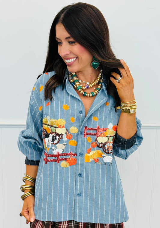 Queen Of Sparkles Denim Striped Pumpkin Farm Button Up Top (Reg. and Plus)