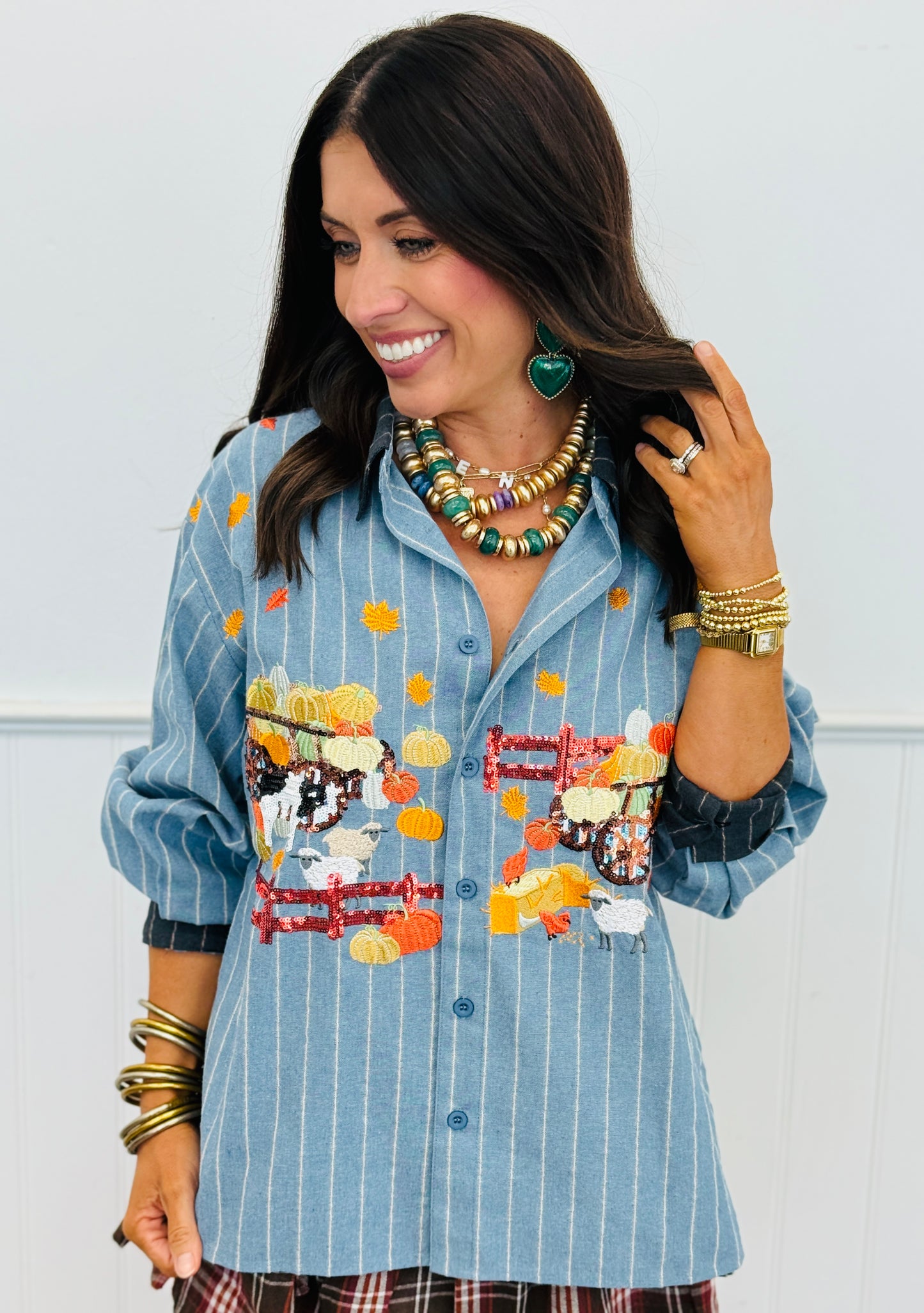 Queen Of Sparkles Denim Striped Pumpkin Farm Button Up Top (Reg. and Plus)