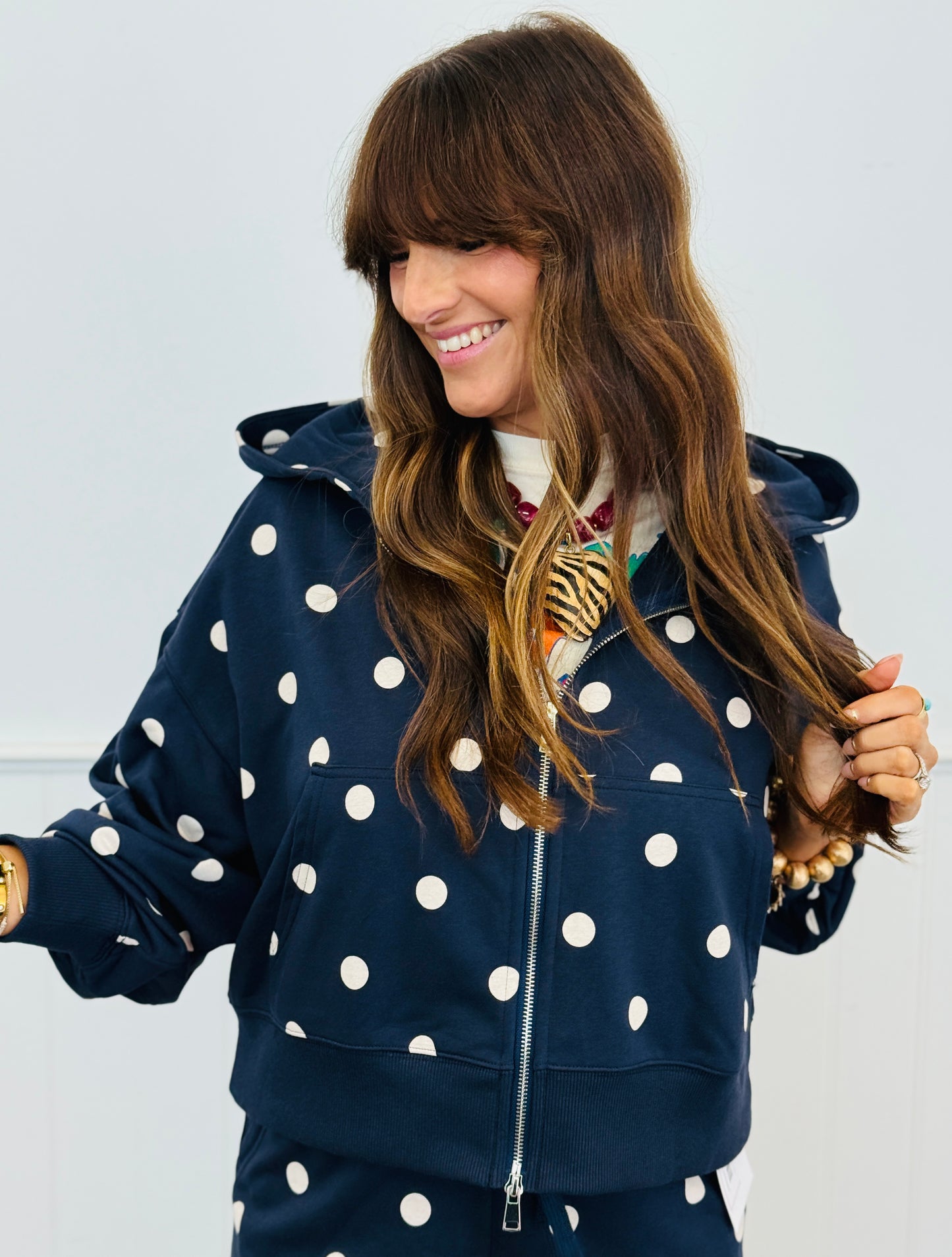 Polka Dot Zip Up Sweater Hoodie (Reg & Plus) - 2 Colors