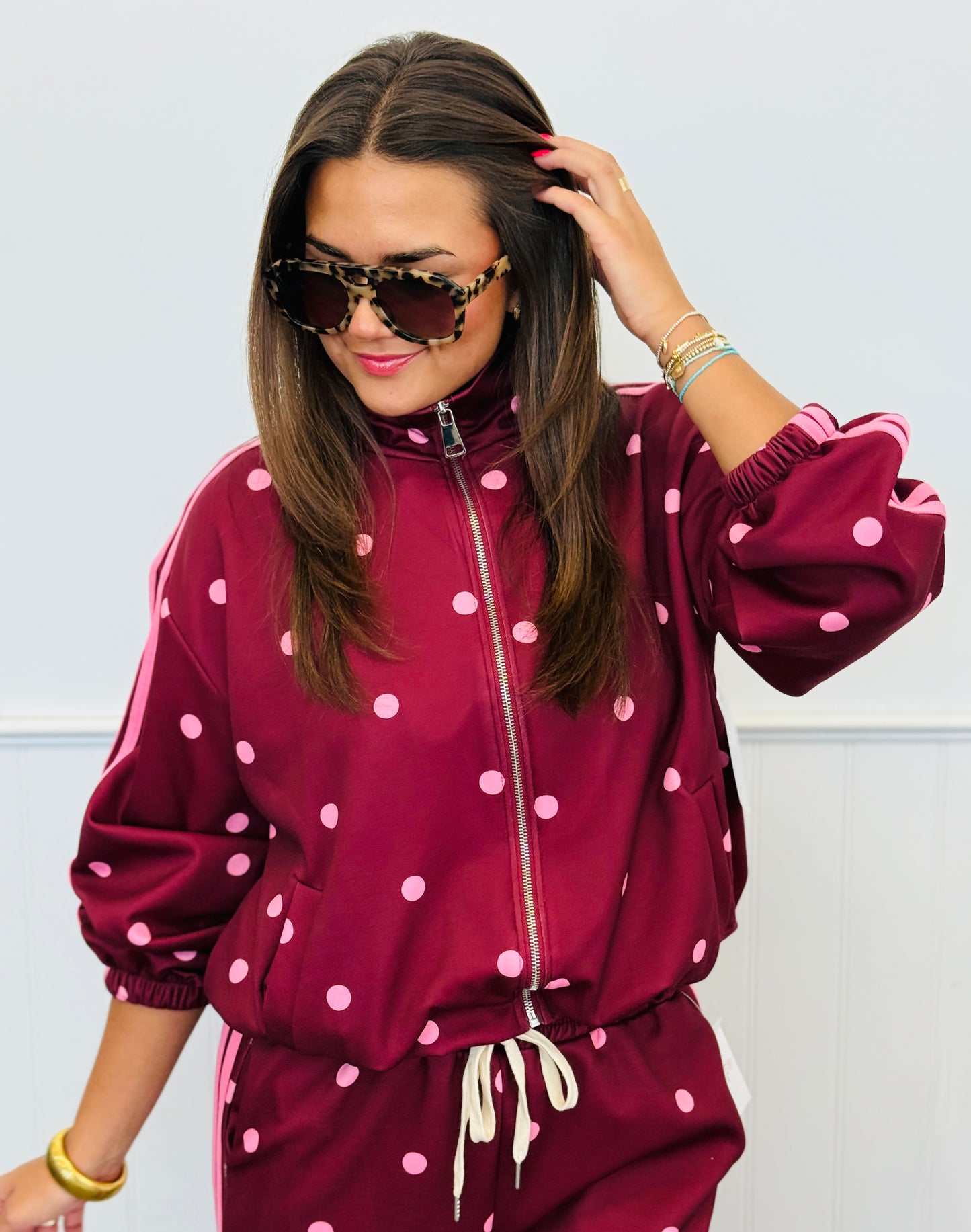Burgundy Polka Dot Side Stripe Zip Up Jacket (One Size)