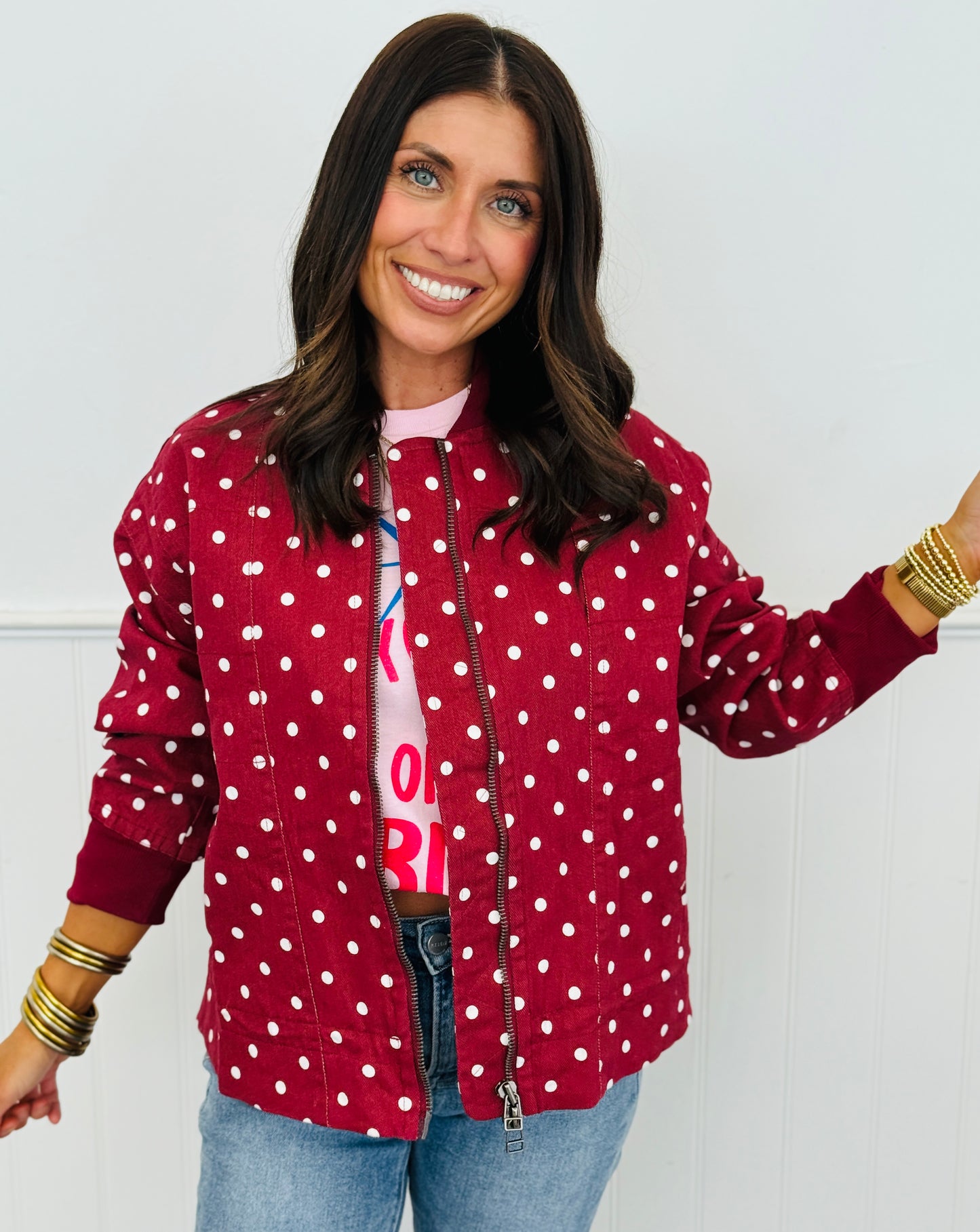 Burgundy Polka Dot Zip Up Jacket (Reg. and Plus)