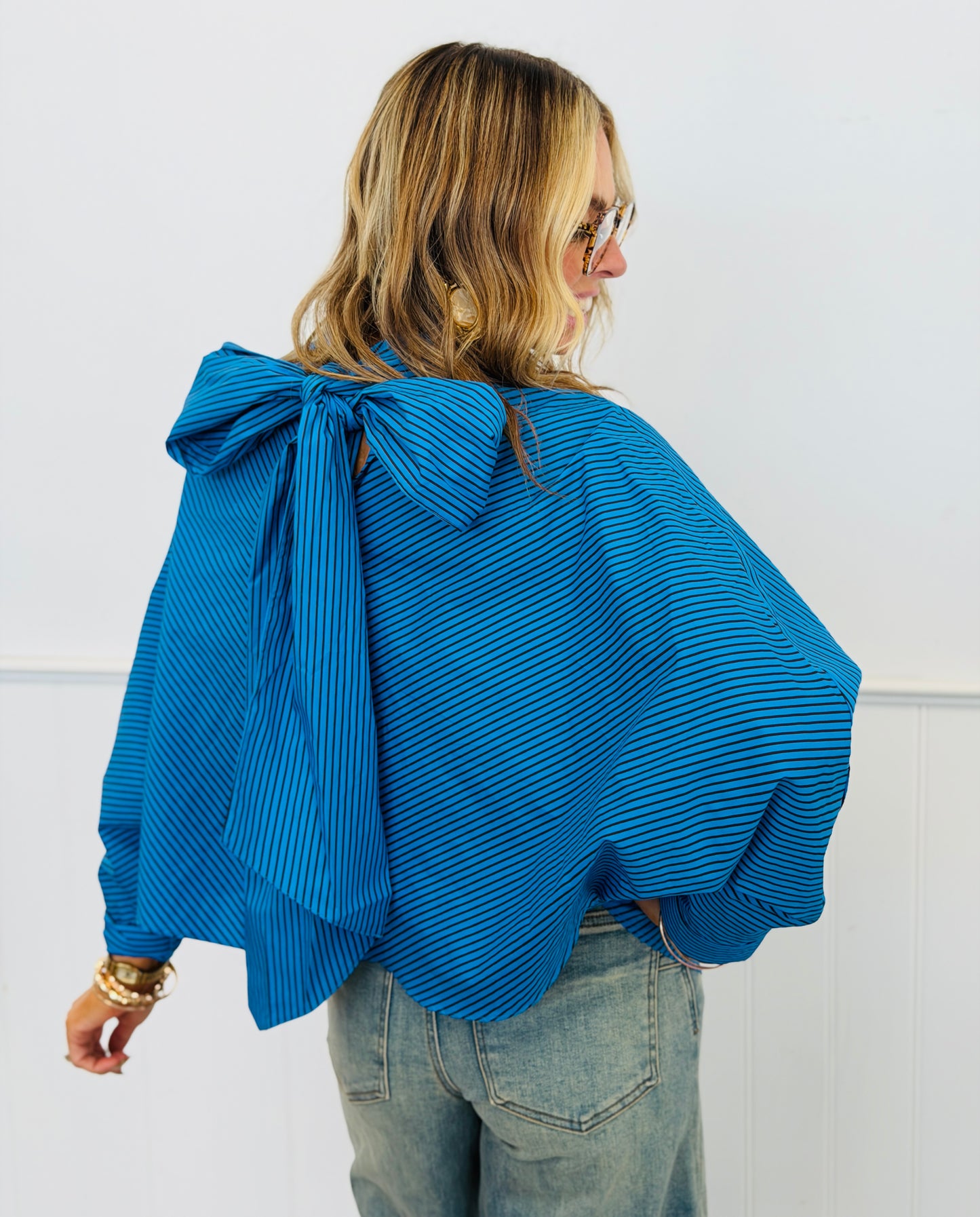 Blue/Burgundy Tie Neck Striped Blouse (Reg.)