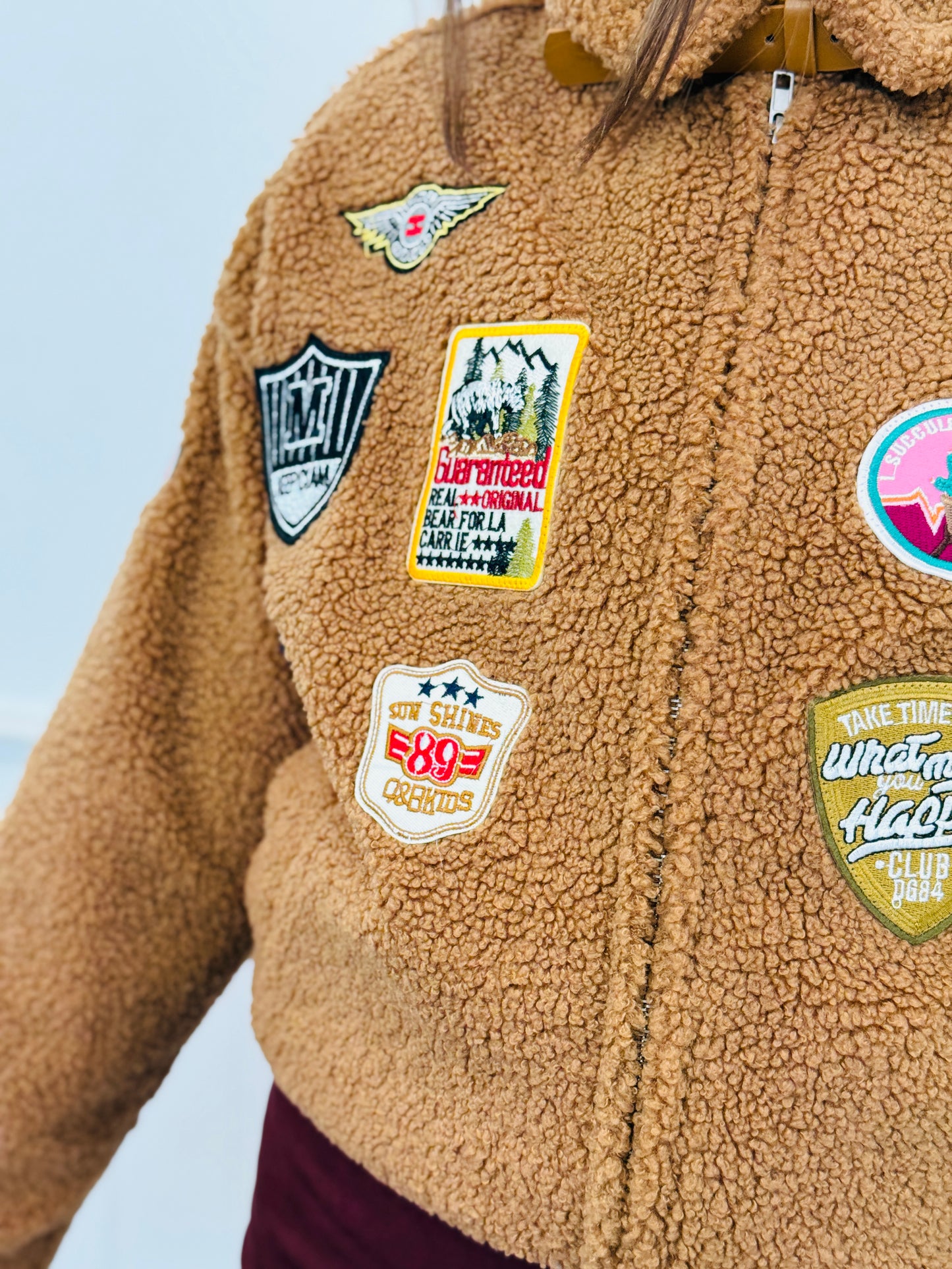 Taupe Camp Patch Sherpa Zip Up Jacket (Reg & Plus)