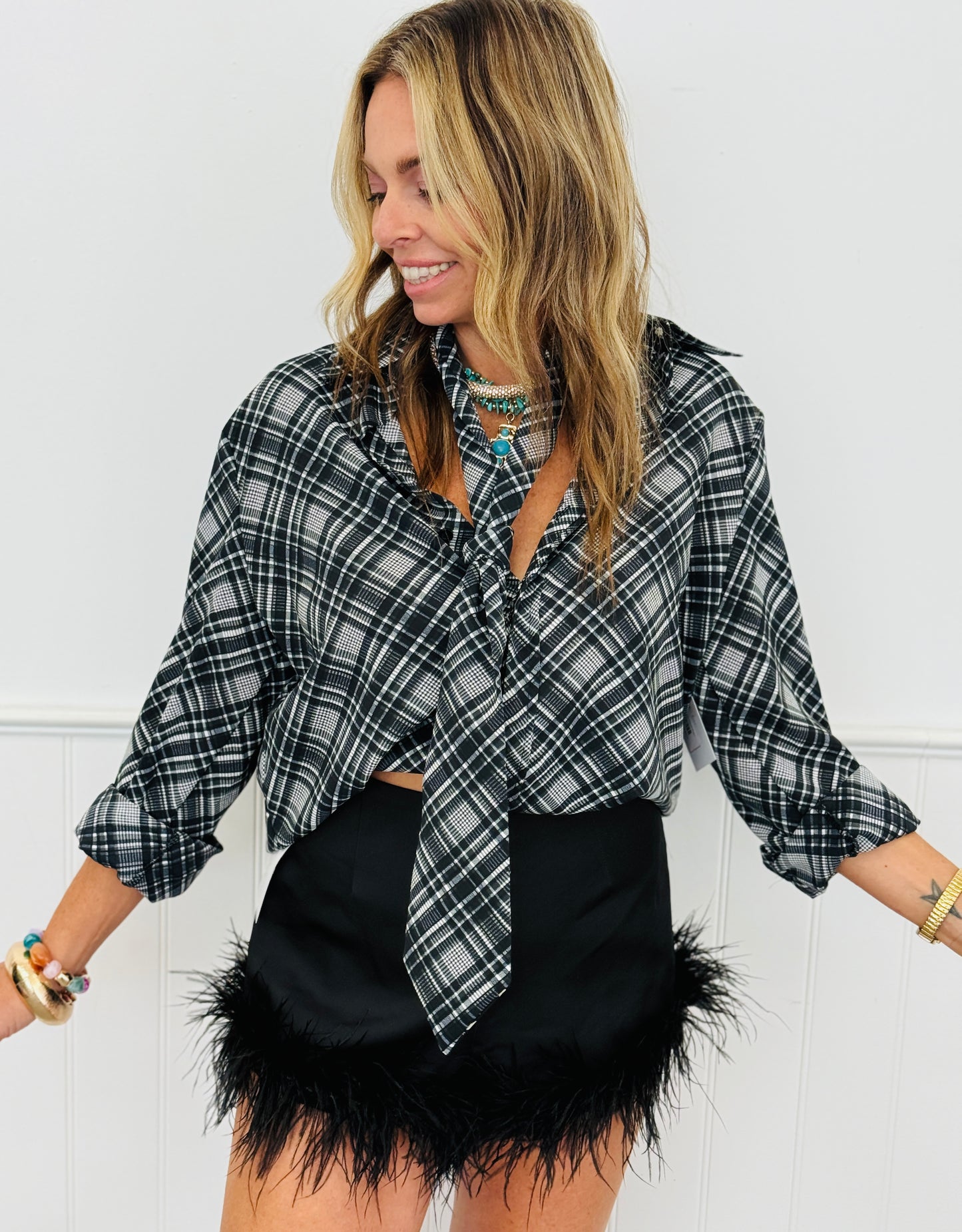 Black Plaid Button Up Blouse (Reg.)