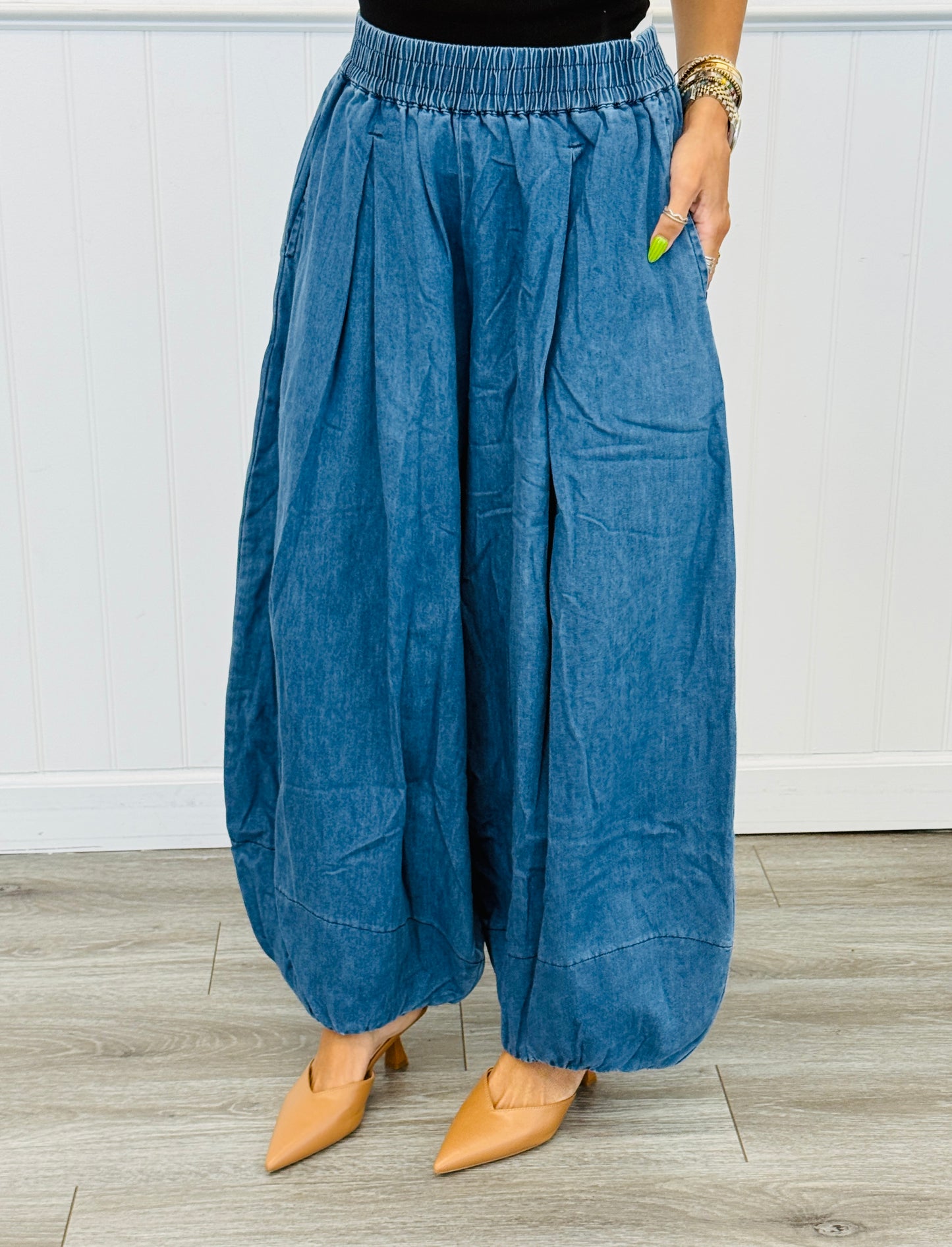 Denim Blue Pleated Balloon Pants (Reg & Plus)
