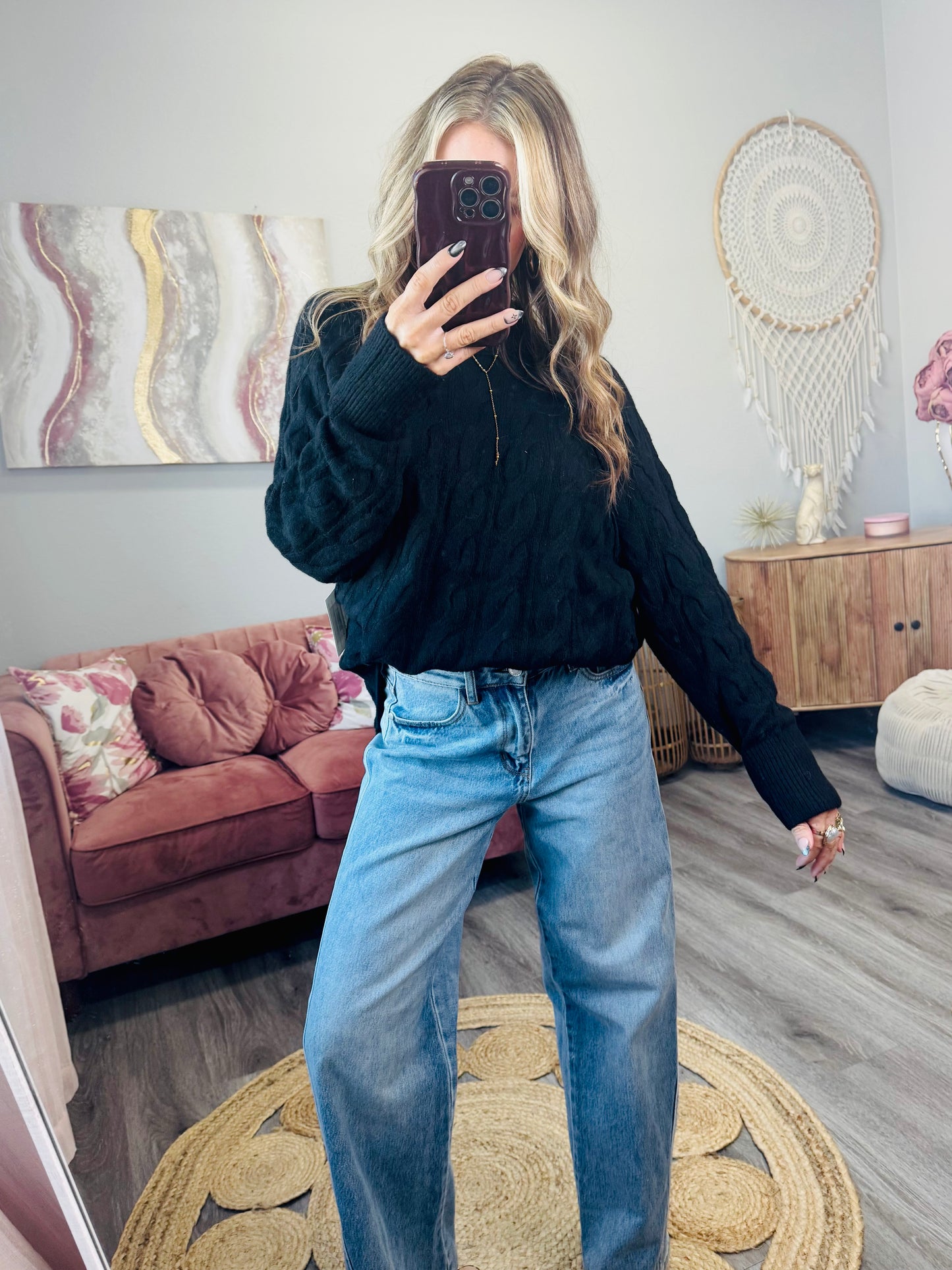 Black Cable Knit Sweater Top (Reg.)