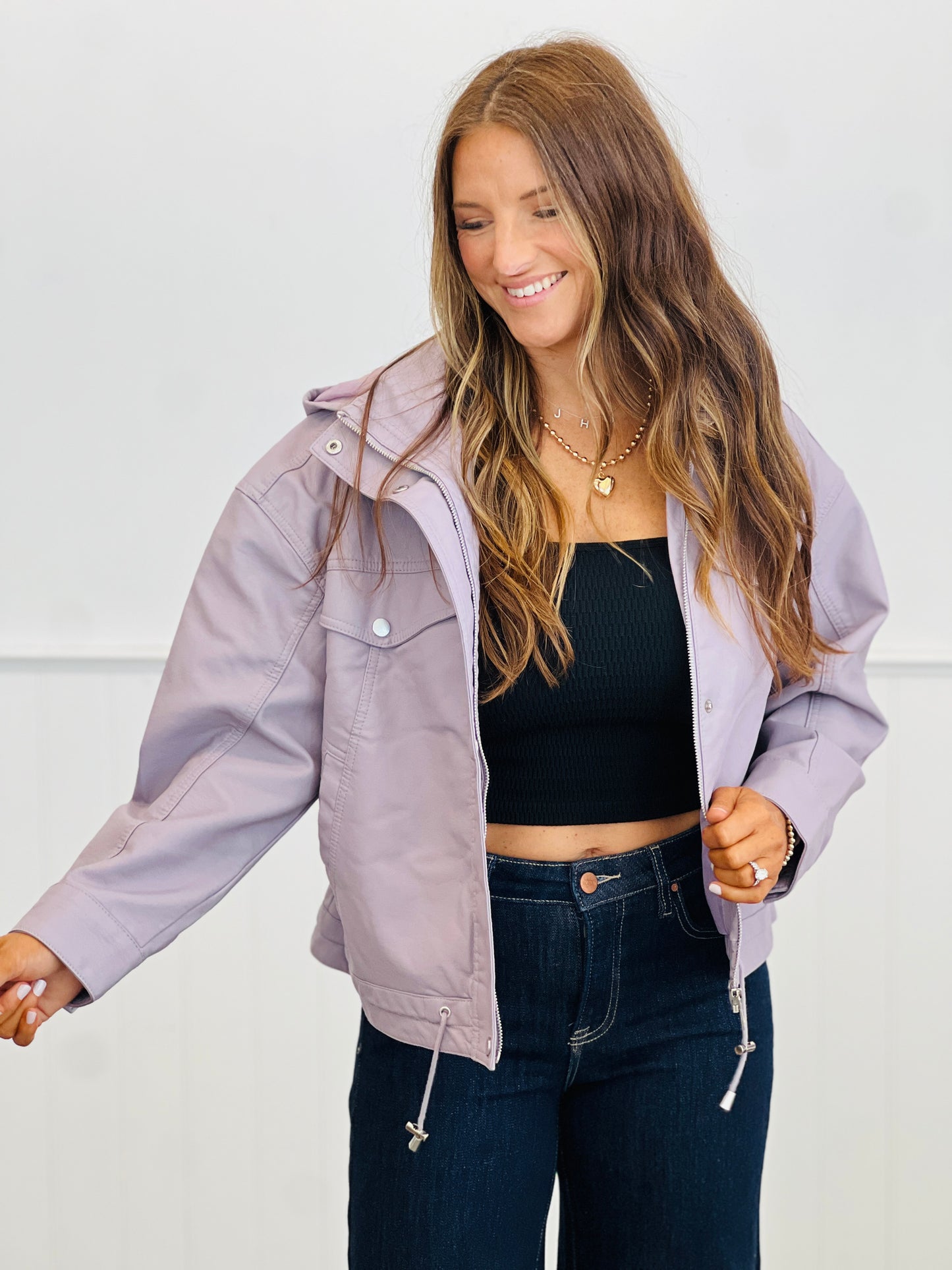 Faux Leather Drawstring Hem Zip Up Jacket (Reg.) - 4 Colors