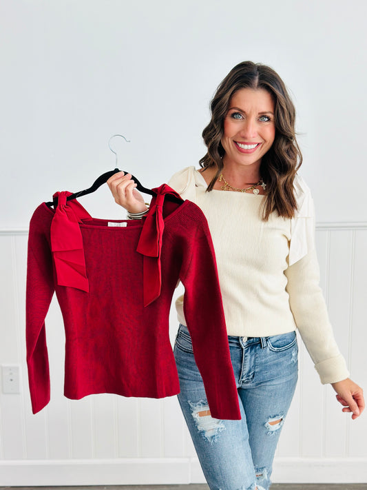 Bow Tie Shoulder Sweater Top (Reg & Plus)-2 Colors