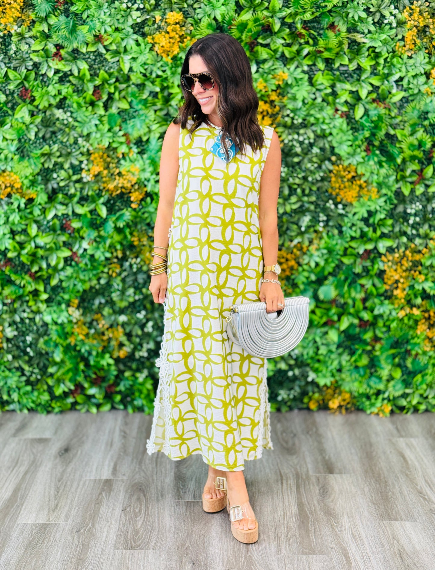 Green Apple Geometric Sleeveless Midi Dress (Reg & Plus)