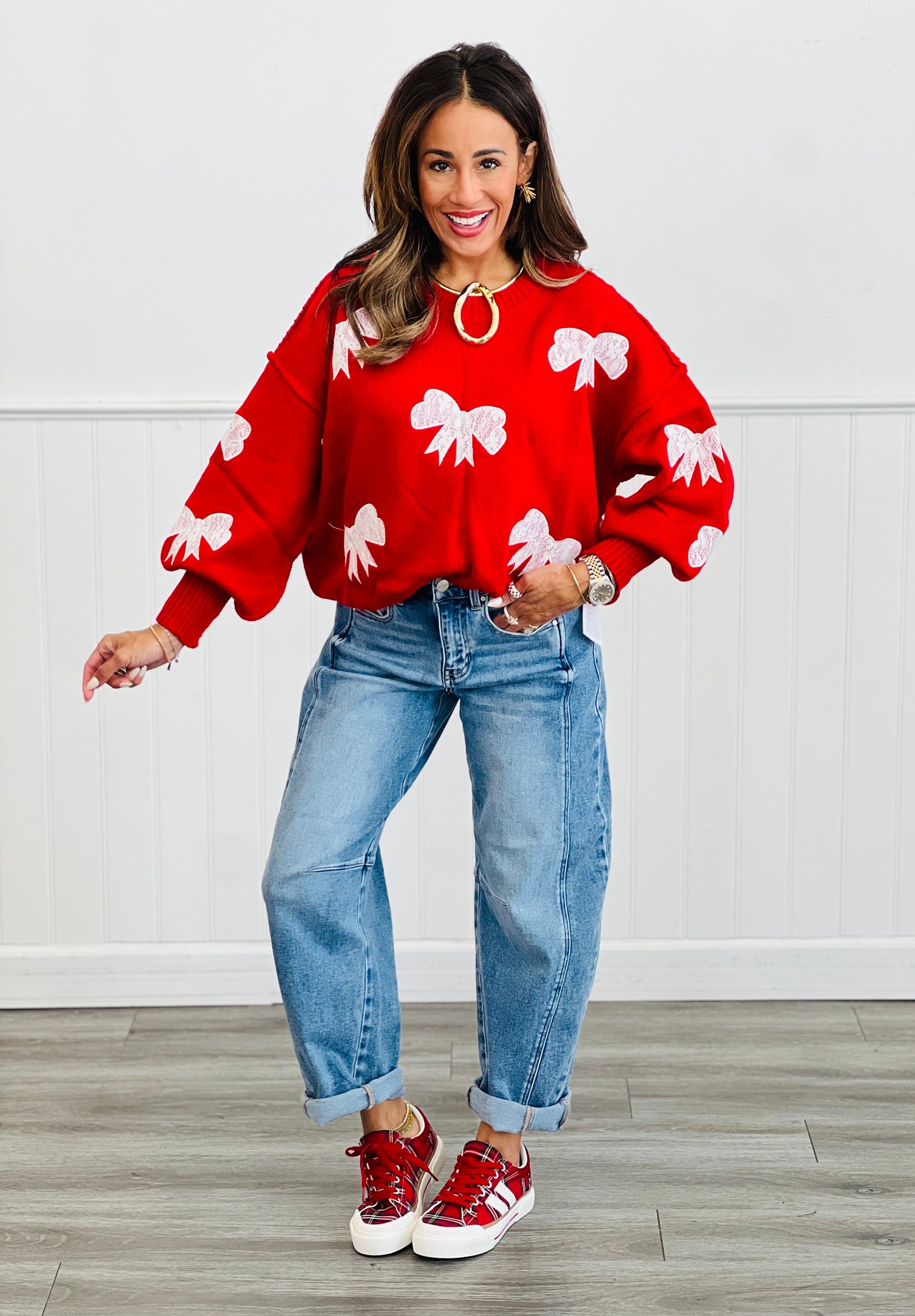Red Lace Bow Patch Sweater Top (Reg & Plus)