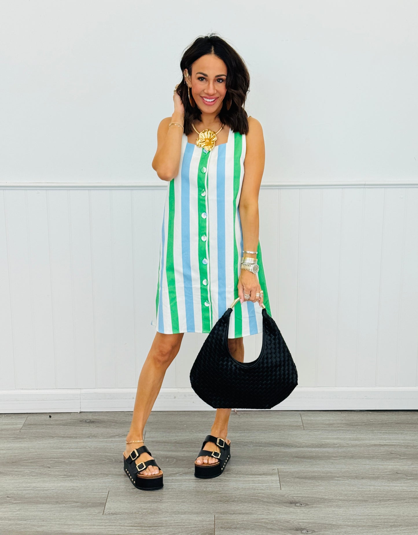 Multi Striped Square Neck Button Up Mini Dress (Reg.)