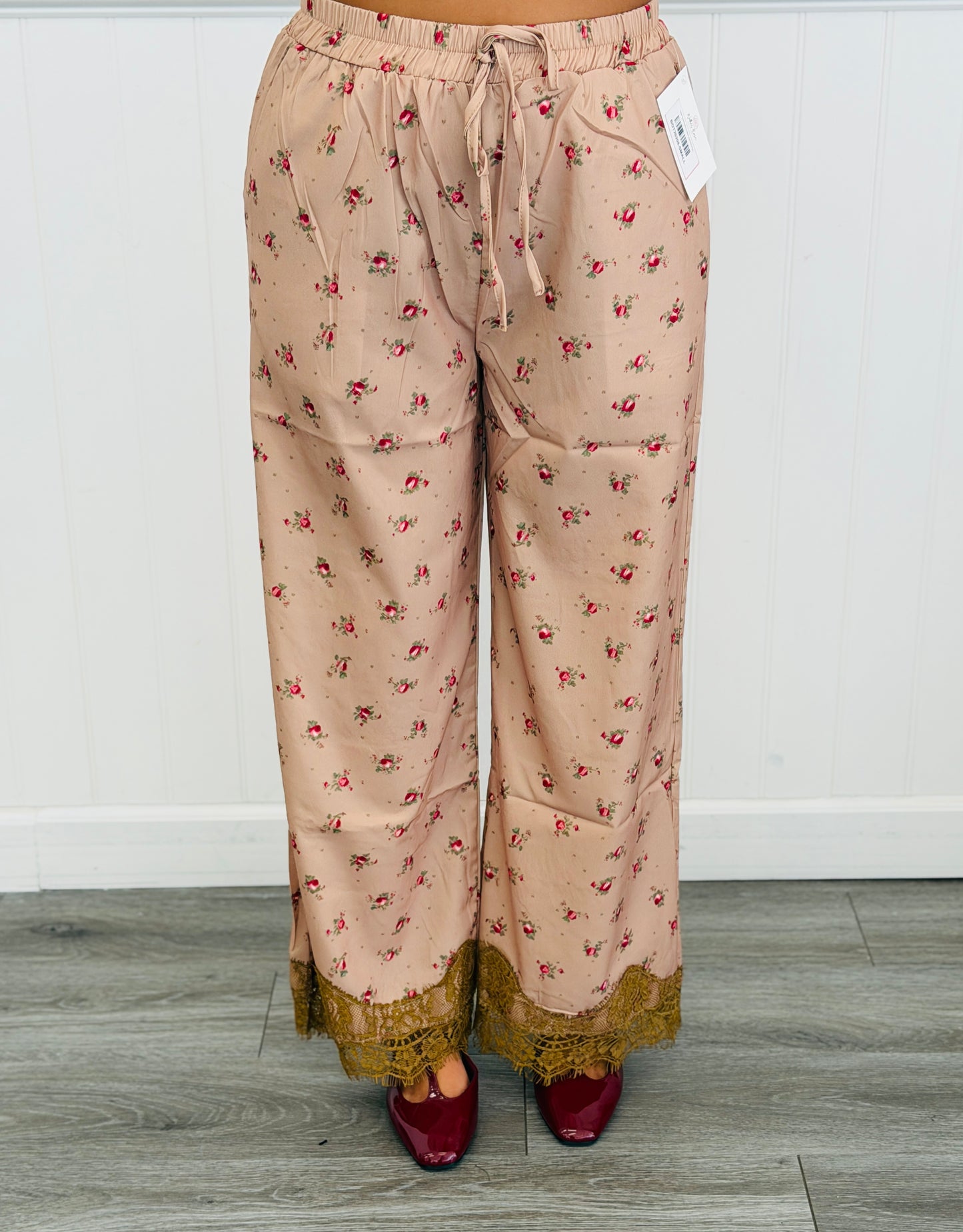 Taupe Floral Print Lace Wide Leg Pants (Reg.)