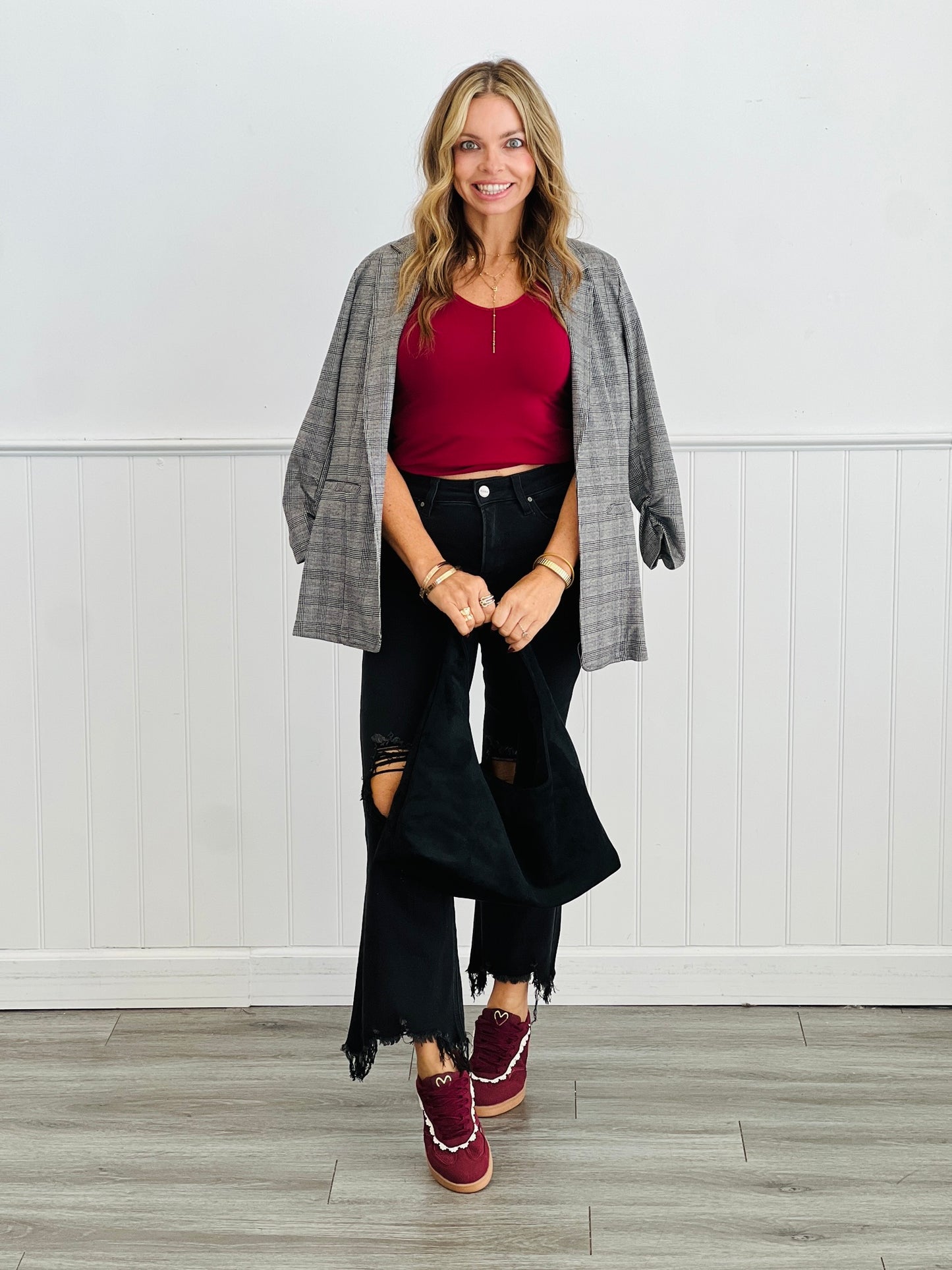 Gray Plaid Ruched Sleeve Blazer (Reg.)