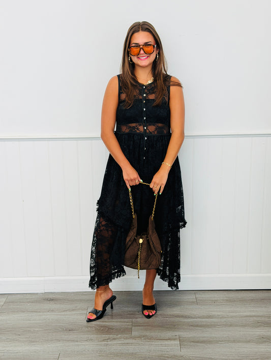 Black Sheer Lace Layered Midi Dress (Reg. and Plus)