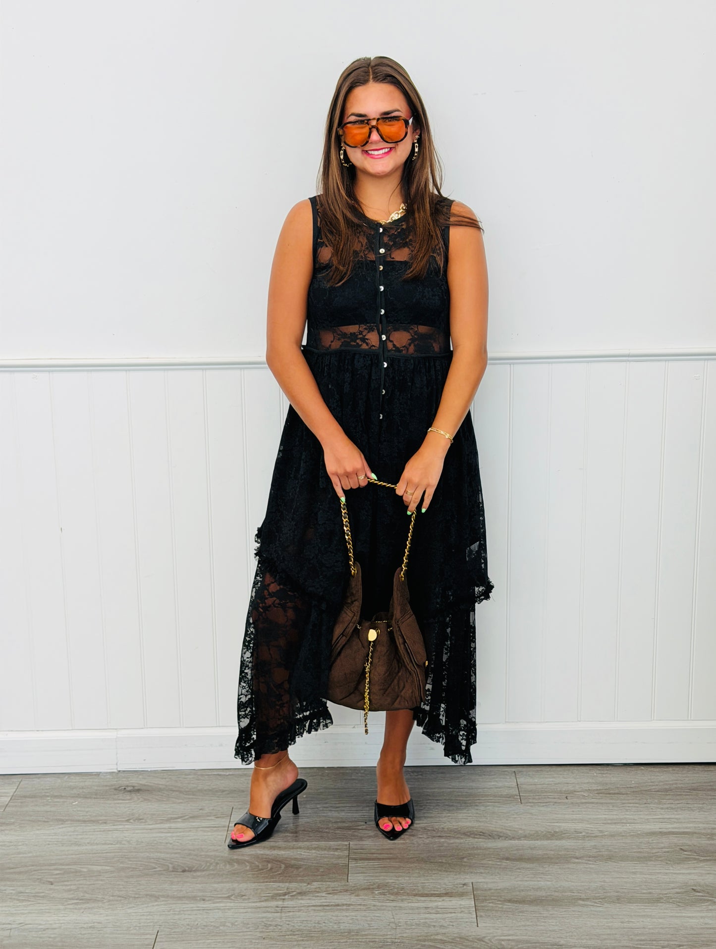 Black Sheer Lace Layered Midi Dress (Reg. and Plus)