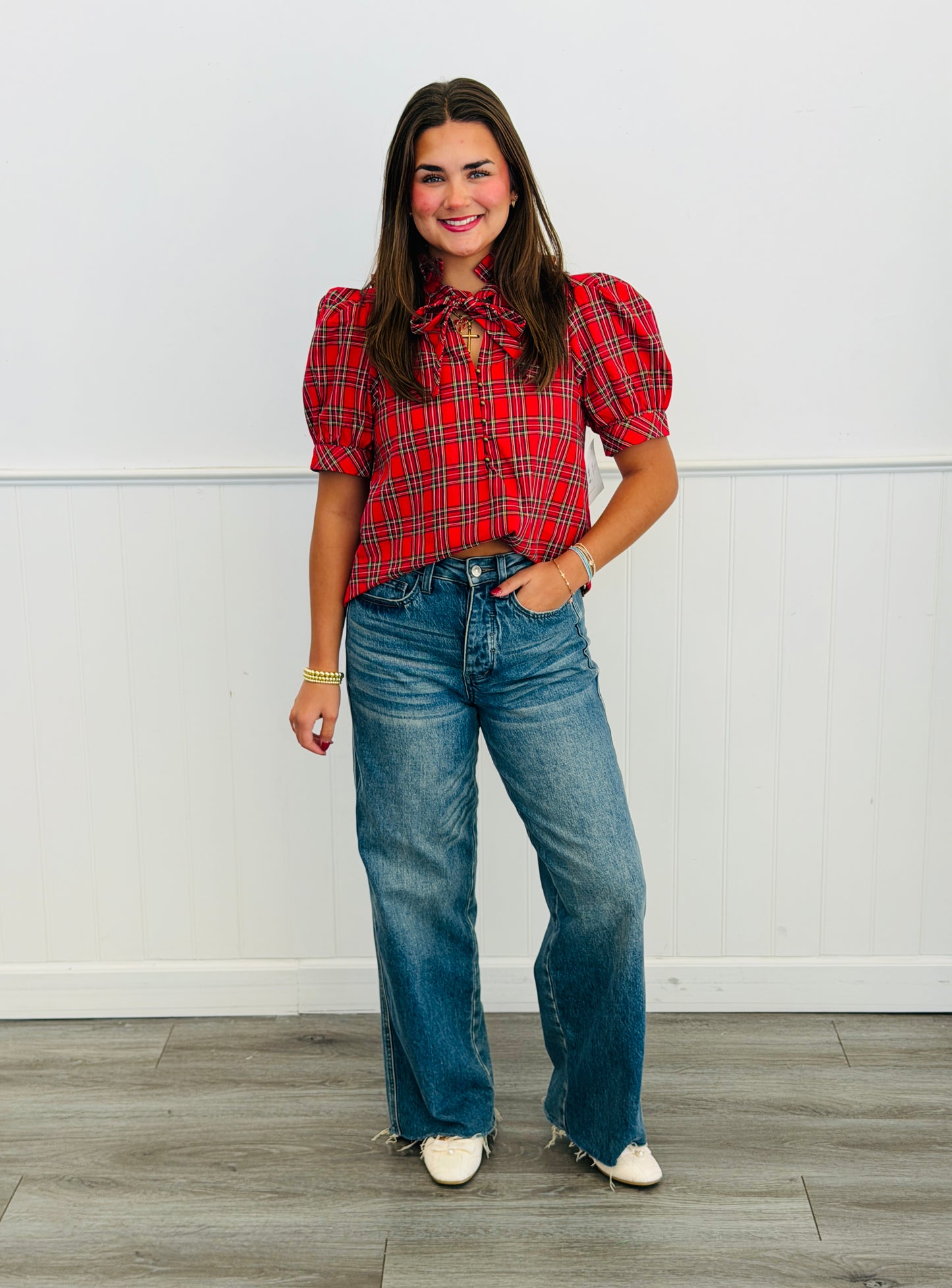 Plaid Tie Neck Puff Sleeve Top (Reg.) - 4 Colors