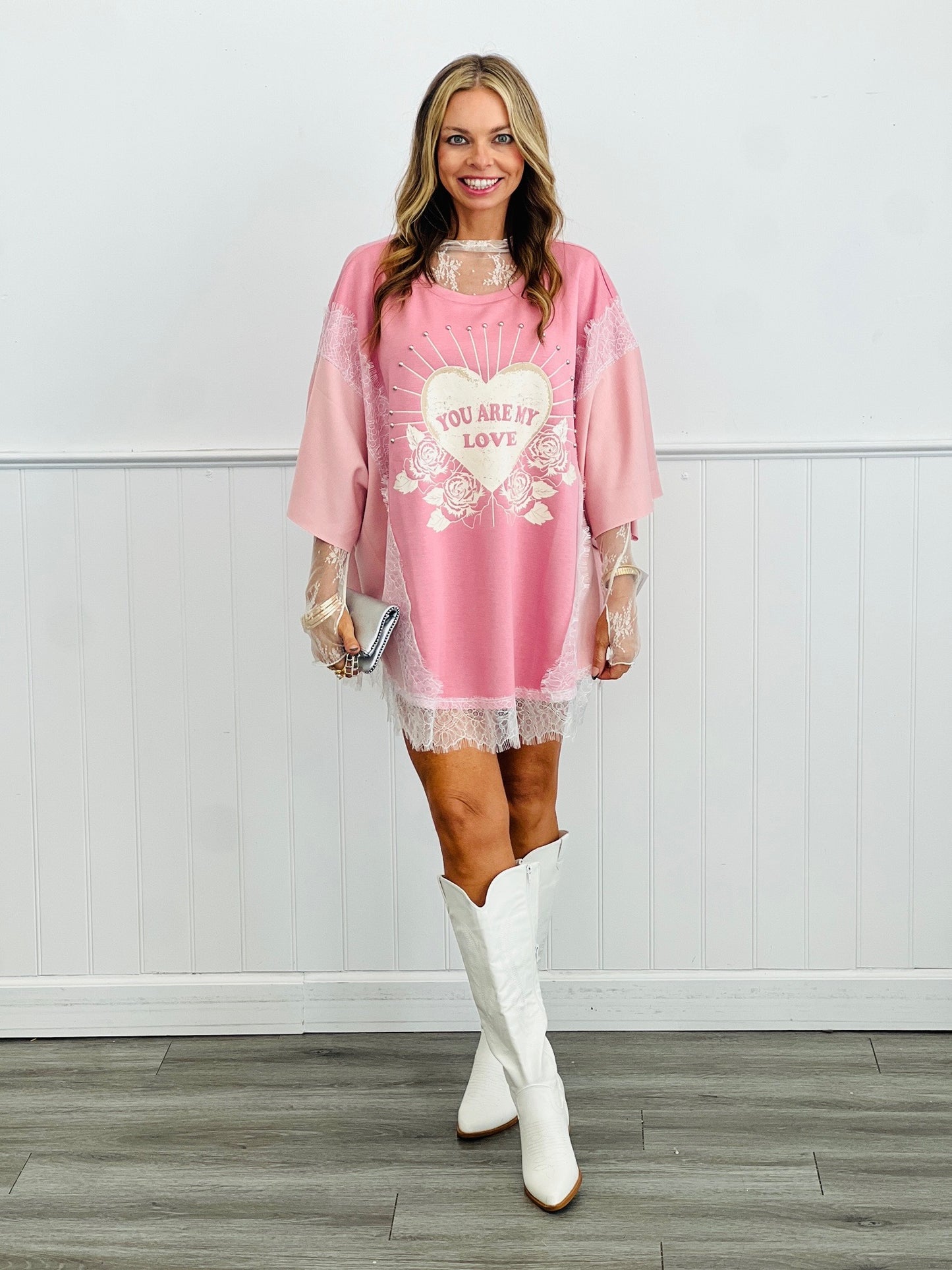 Pink You Are My Love Lace Detailed Top (Reg. and Plus)