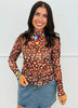 Brown Deer Print Long Sleeve Mesh Top (Reg & Plus)