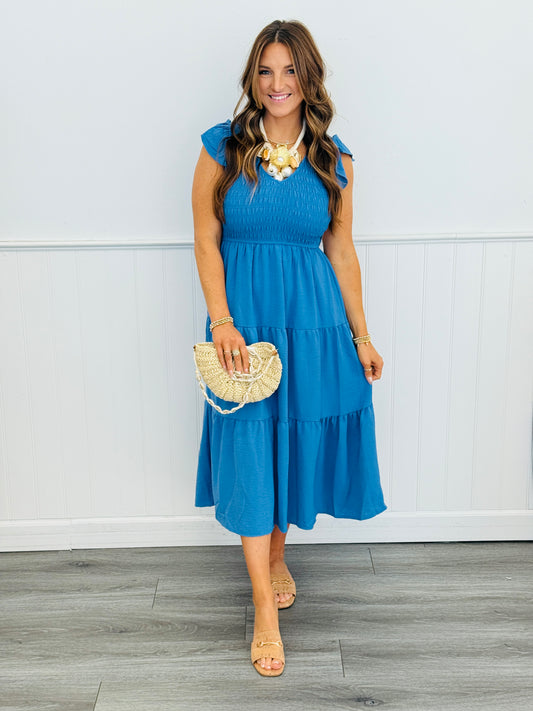 Dusty Blue Flutter Sleeve Smocked Midi Dress (Reg. and Plus)