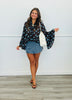 Brown/Light Blue Polka Dot Ruffled Chiffon Blouse (Reg & Plus)