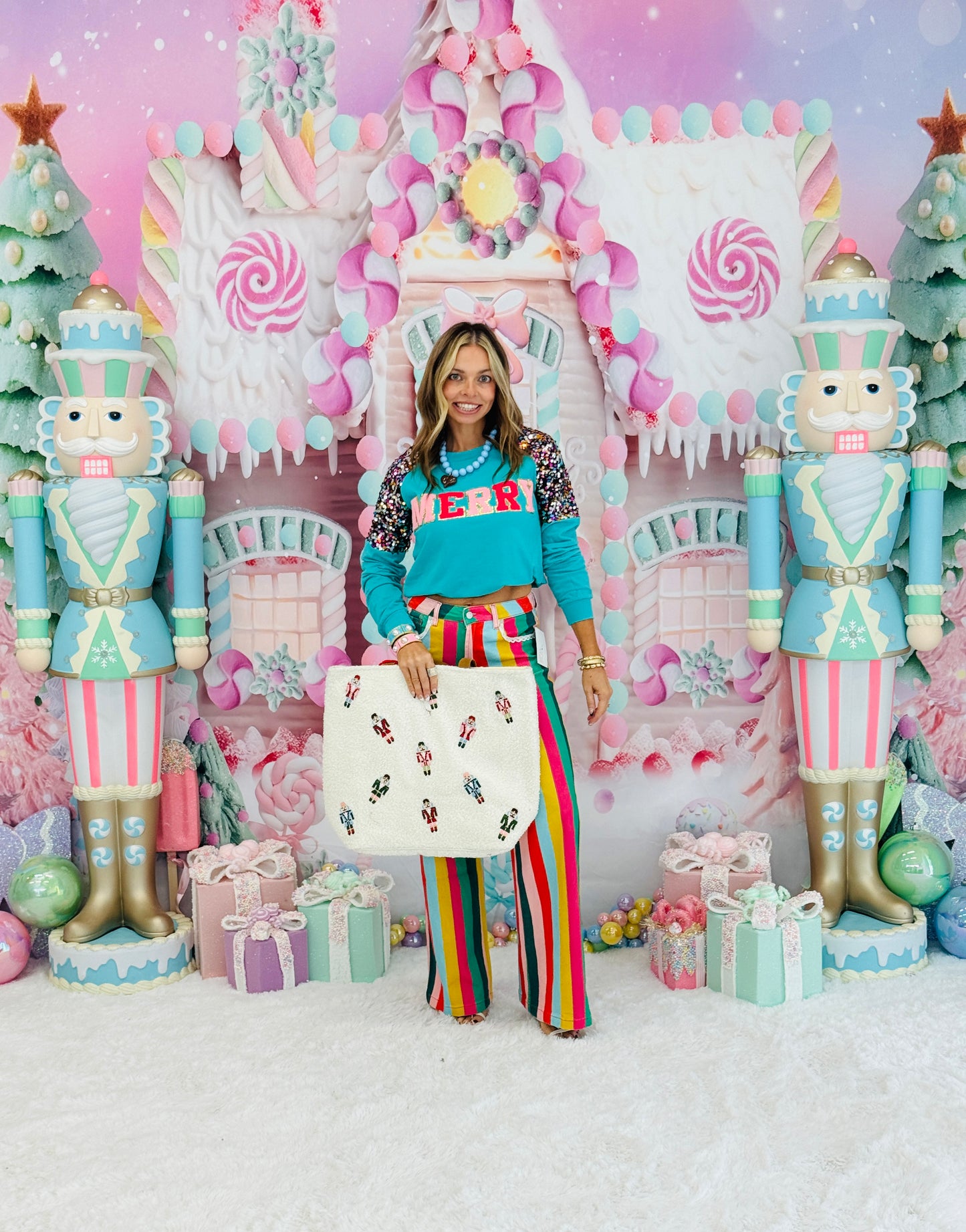 Turquoise Merry Sequin Sleeve Sweatshirt (Reg. and Plus)