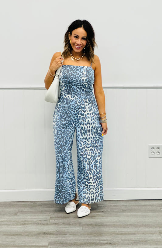 Blue Leopard Spaghetti Straps Jumpsuit (Reg. and Plus)