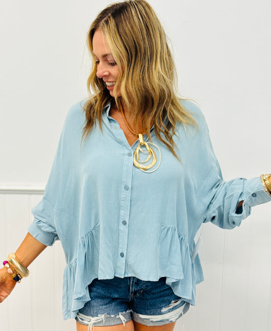 Washed Blue Ruffle Detailed Blouse (Reg. & Plus)
