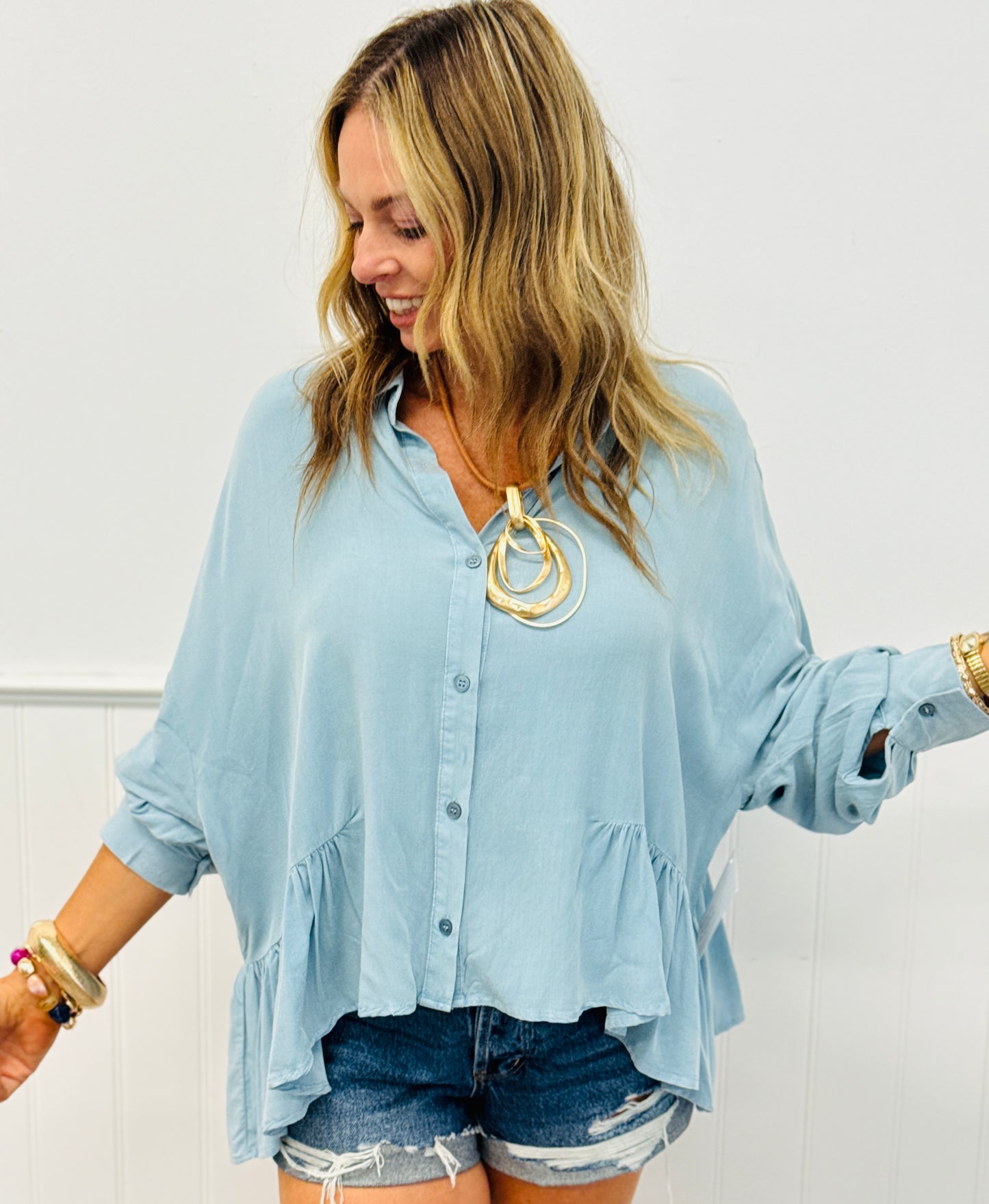 Washed Blue Ruffle Detailed Blouse (Reg. & Plus)