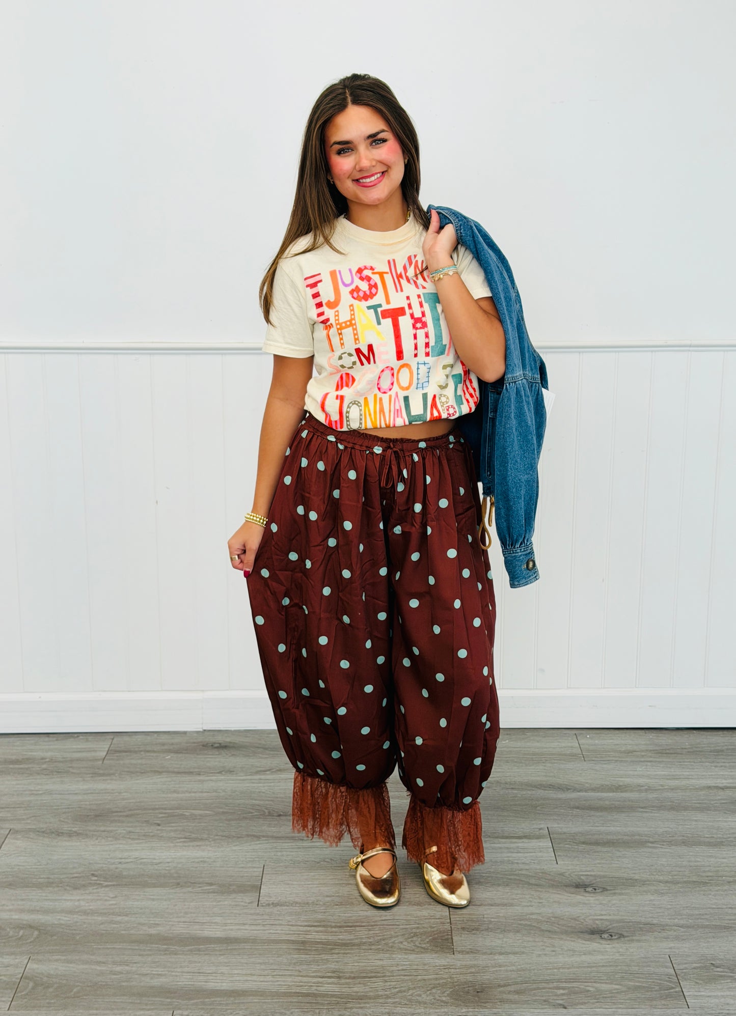 Brown/Mint Polka Dot Lace Trim Drawstring Pants (Reg.)