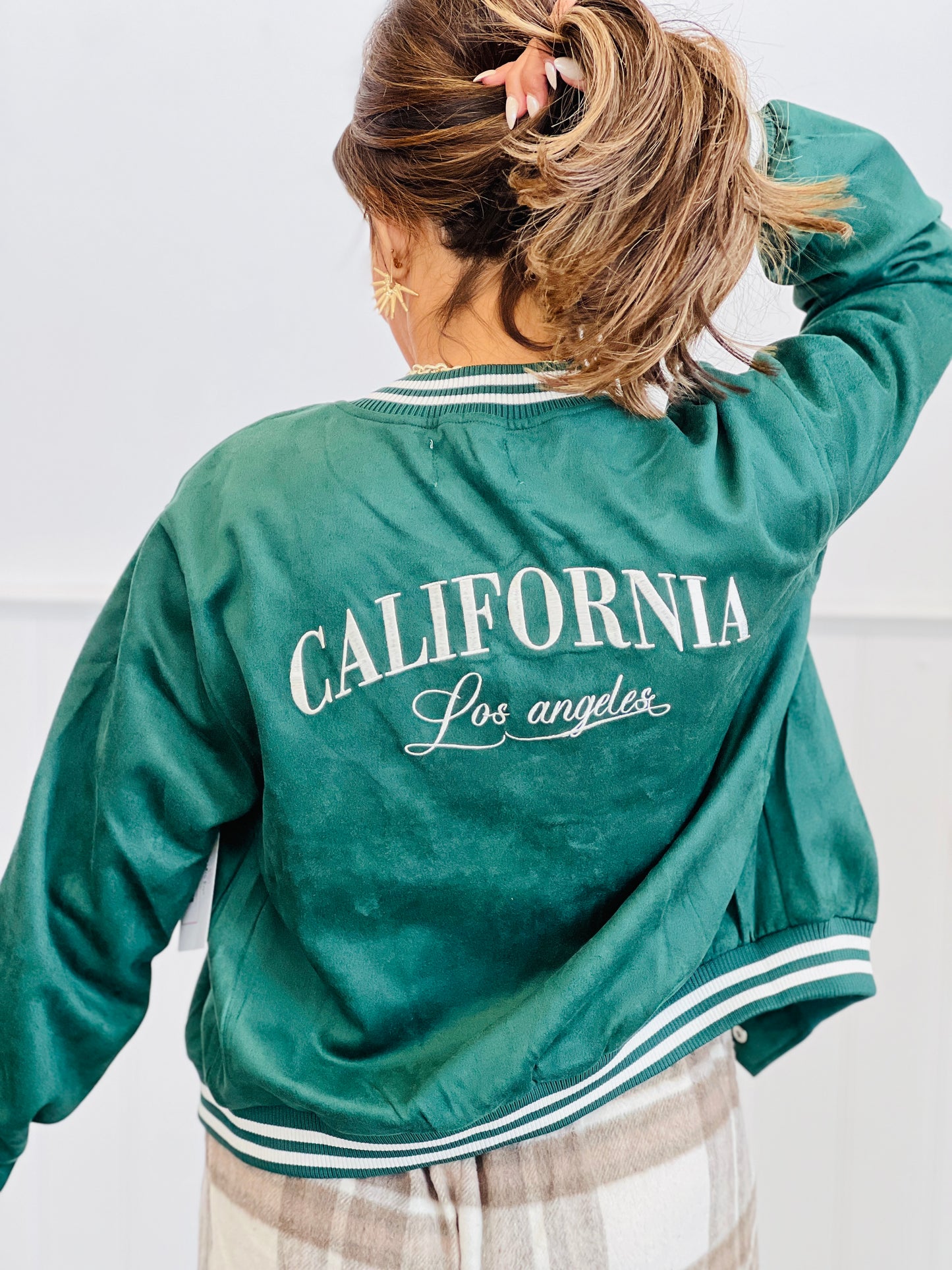 Embroidered Faux Suede Varsity Jacket  (Reg & Plus)-3 Colors