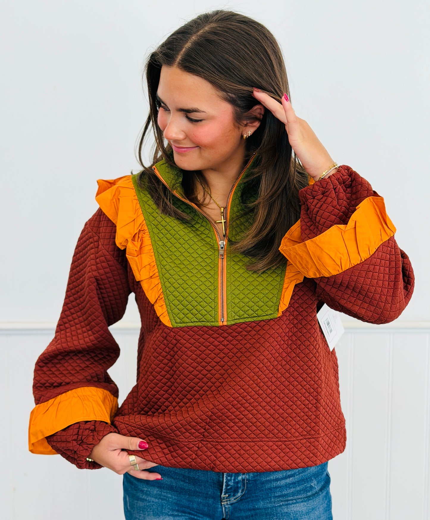Brown Color Block Quarter Zip Top (Reg.)