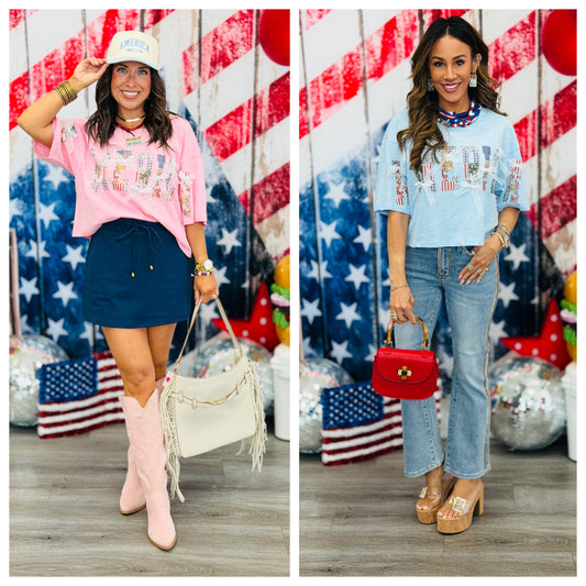 America Patchwork & Lace Bows Slub Tee (Reg.)-2 Colors
