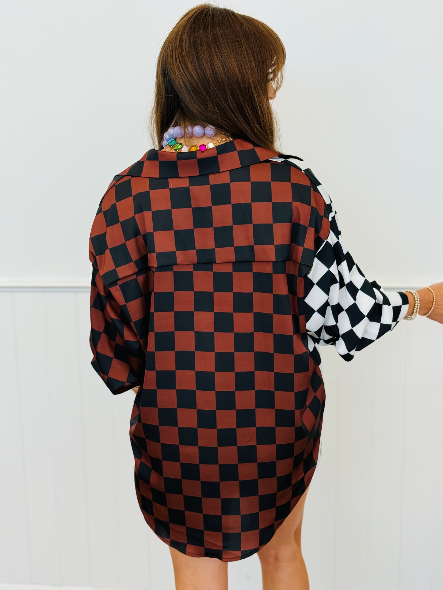 Mocha/Black Split Decision Checkered Blouse (Reg. and Plus)