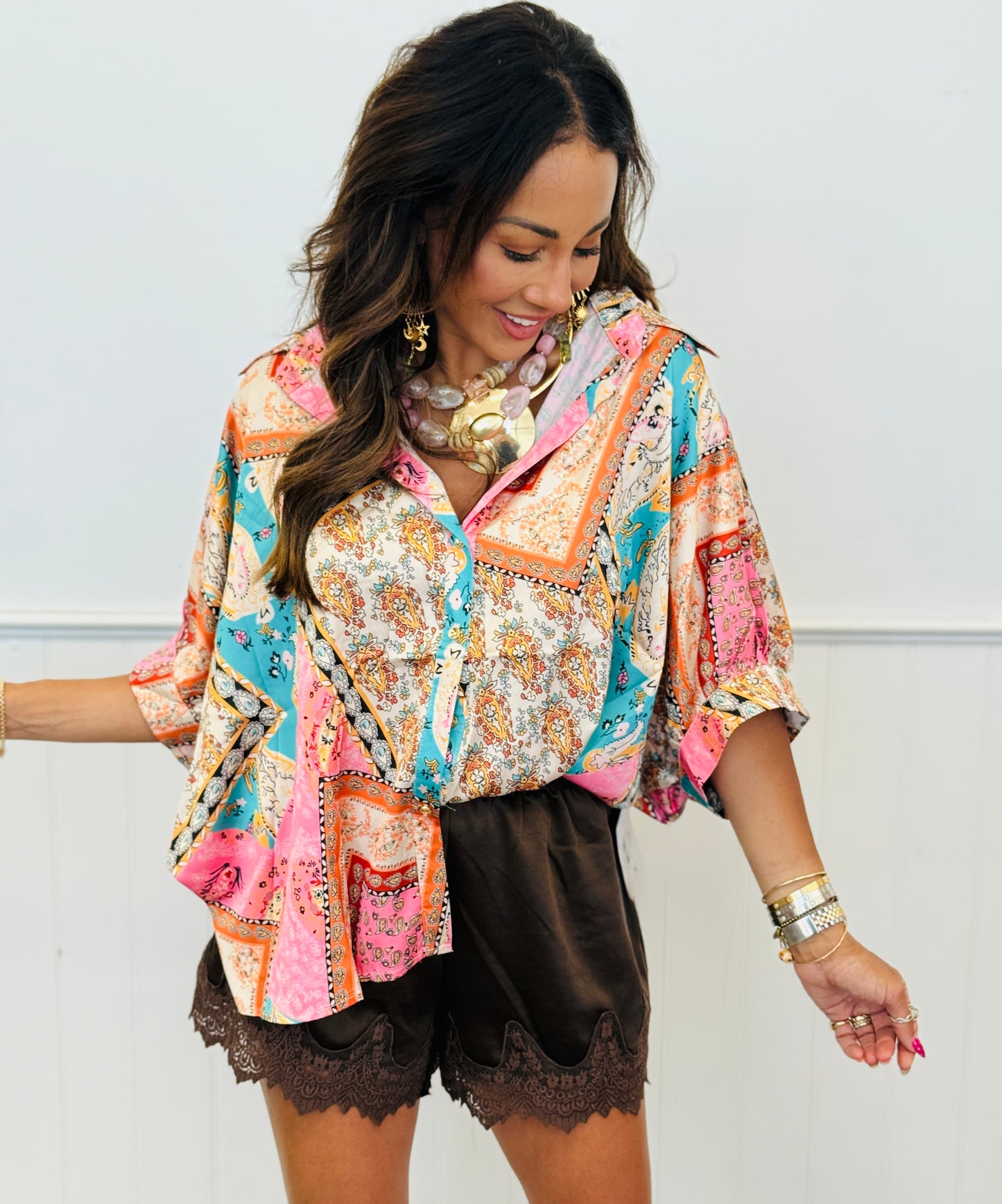 Satin Print Oversized Button Down Shirt (Reg & Plus) - 2 Colors