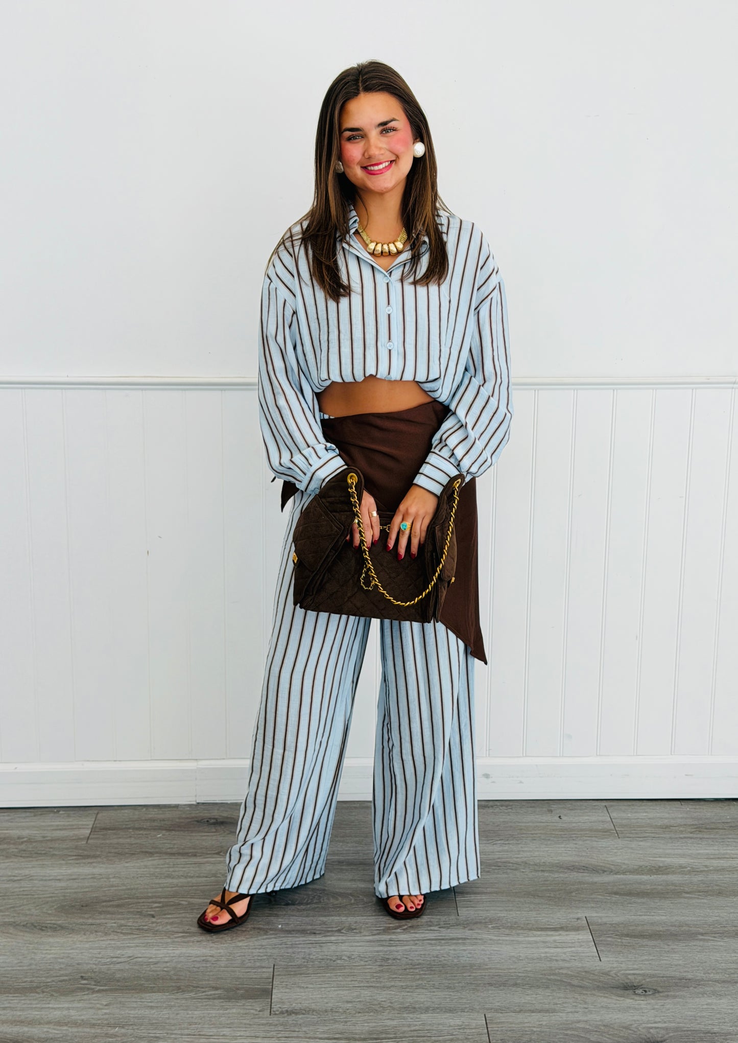 Blue Stripe Button Down Shirt, Pant & Scarf Set (Reg.)