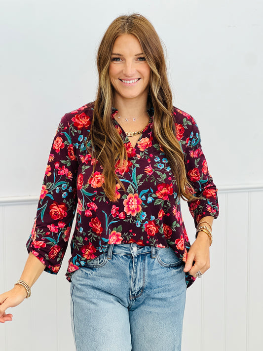 Dear Scarlett Wine Blooms 3/4 Sleeve Lizzy Top (Reg.)