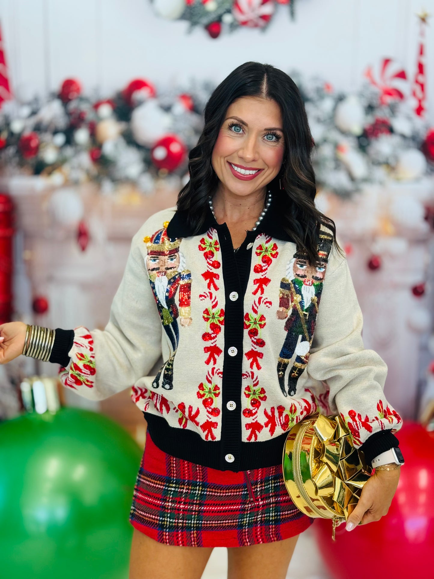 Queen Of Sparkles Black Trim Collar Nutcracker & Candy Cane Cardigan (Reg. and Plus)