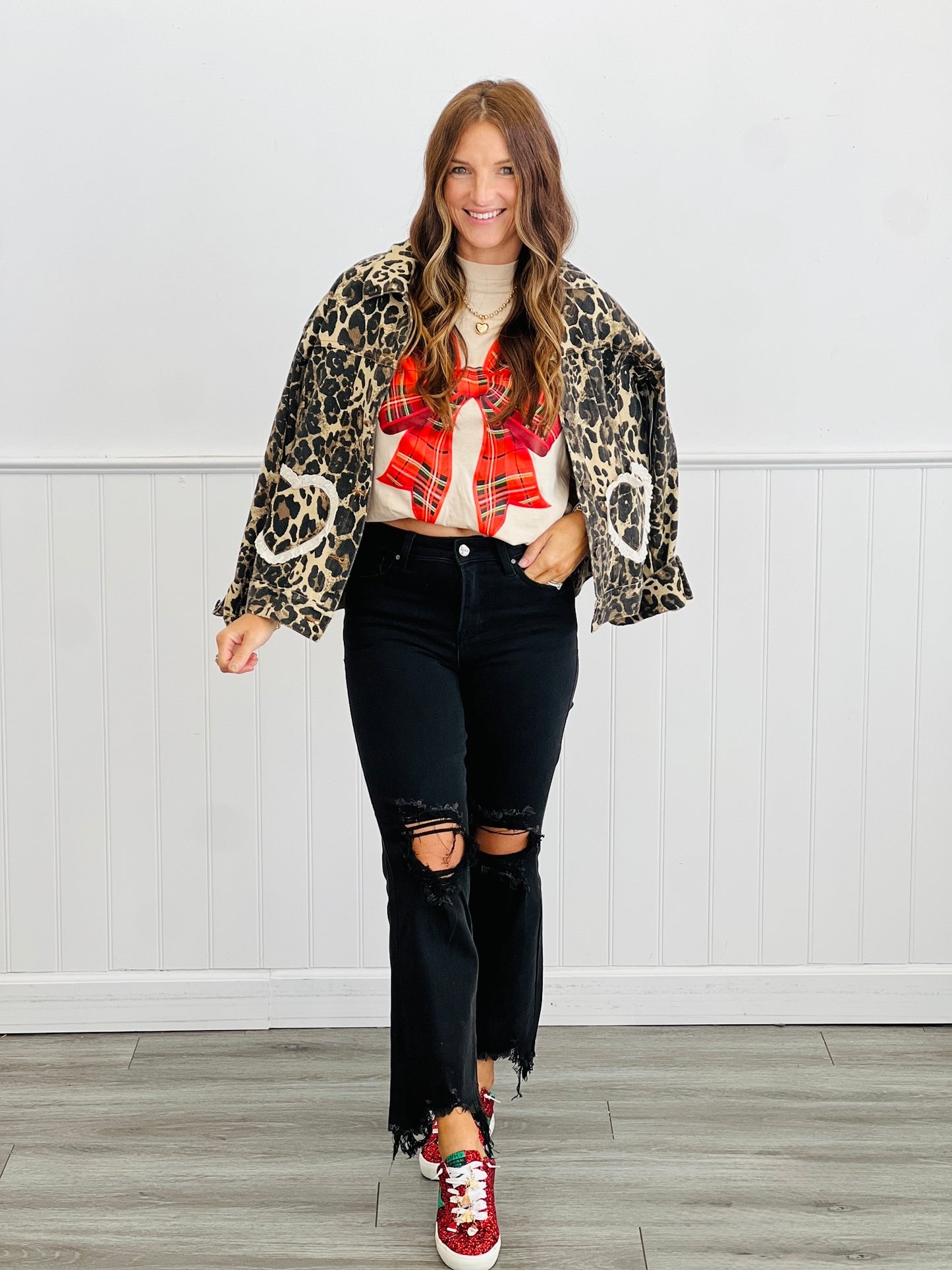 Plaid Bow Long Sleeve Tee (Reg. and Plus)