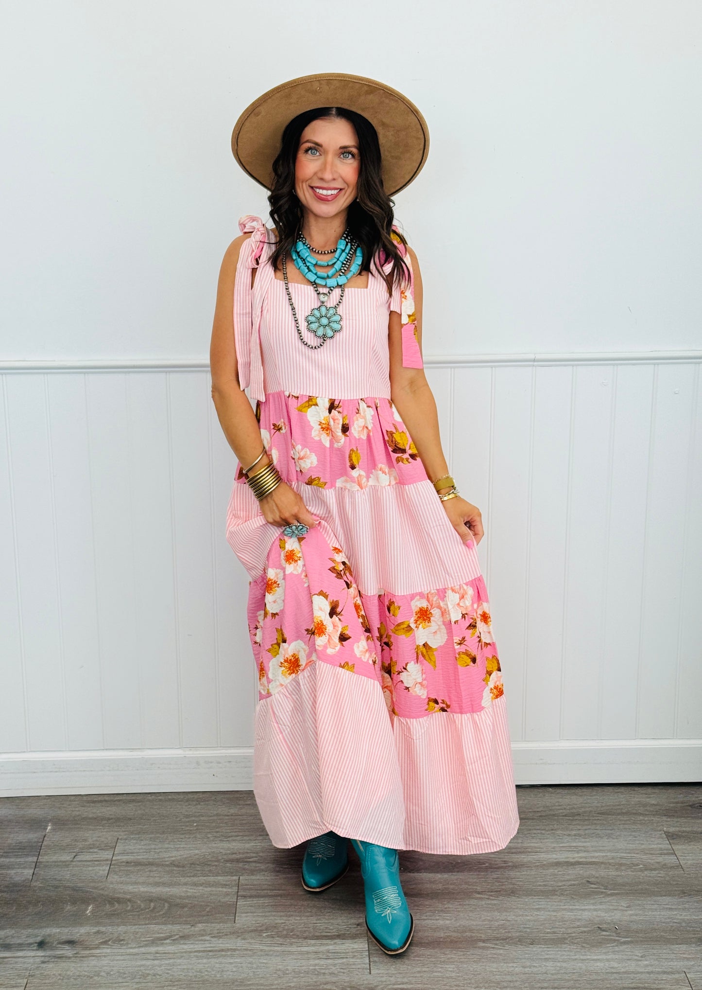 Pink Stripe Combo Floral Contrast Maxi Dress (Reg. and Plus)