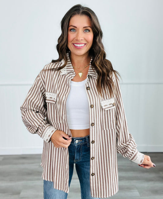 Taupe Stripe Lace Trim Shirt (Reg)