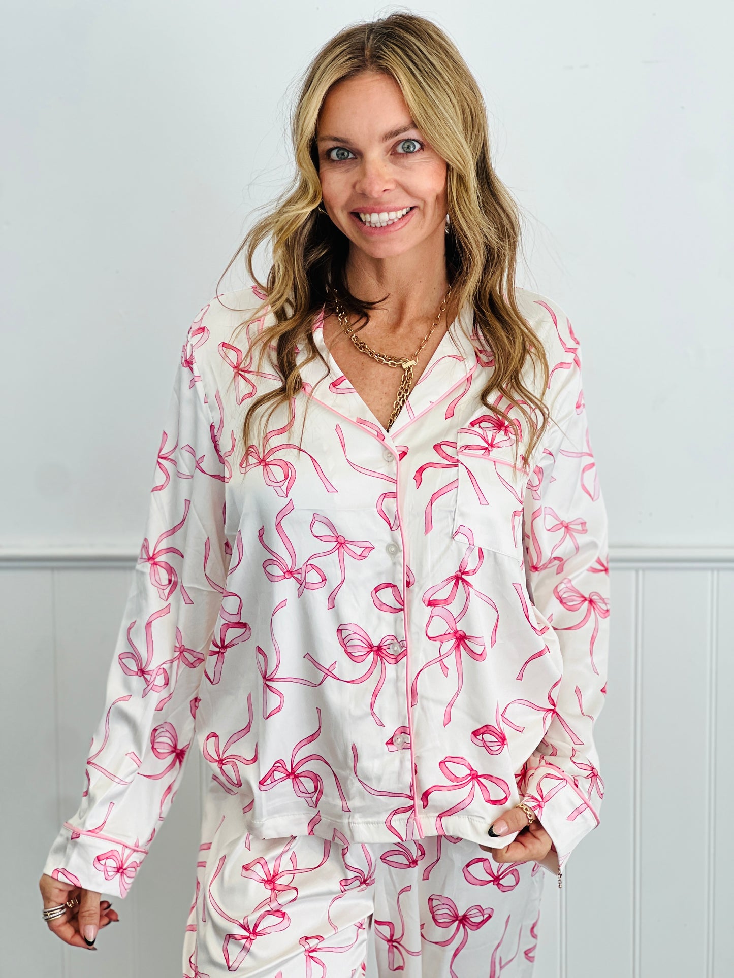 Bow Printed Button Up Pajama Top (Reg.) - 2 Colors