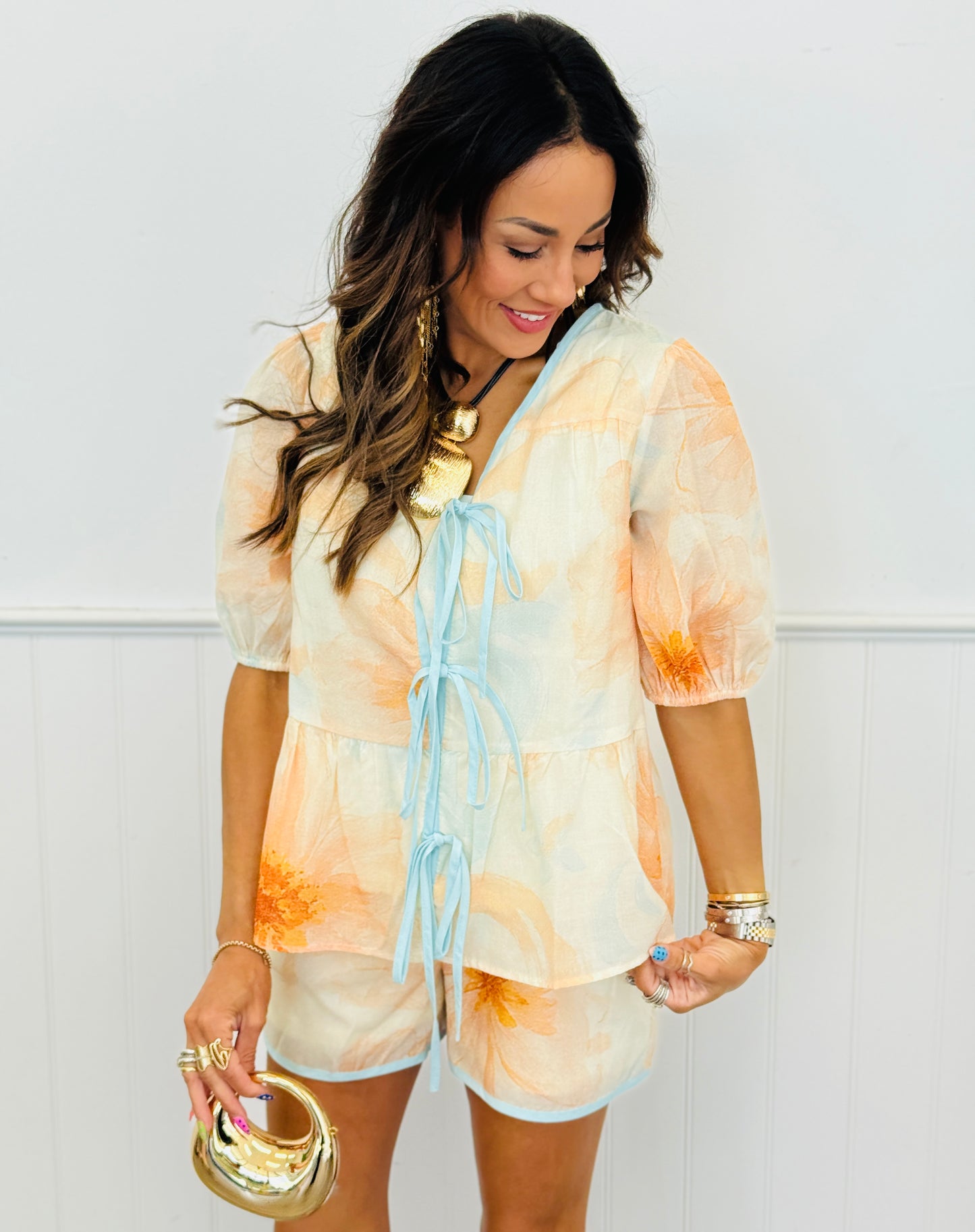 Orange Multi Triple Front Tie Blouse (Reg & Plus)