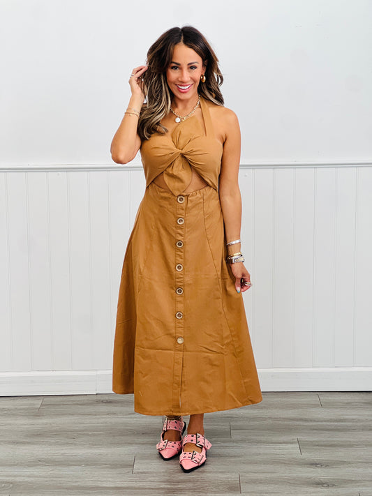 Mocha Flower Wrap Halter Midi Dress (Reg.)