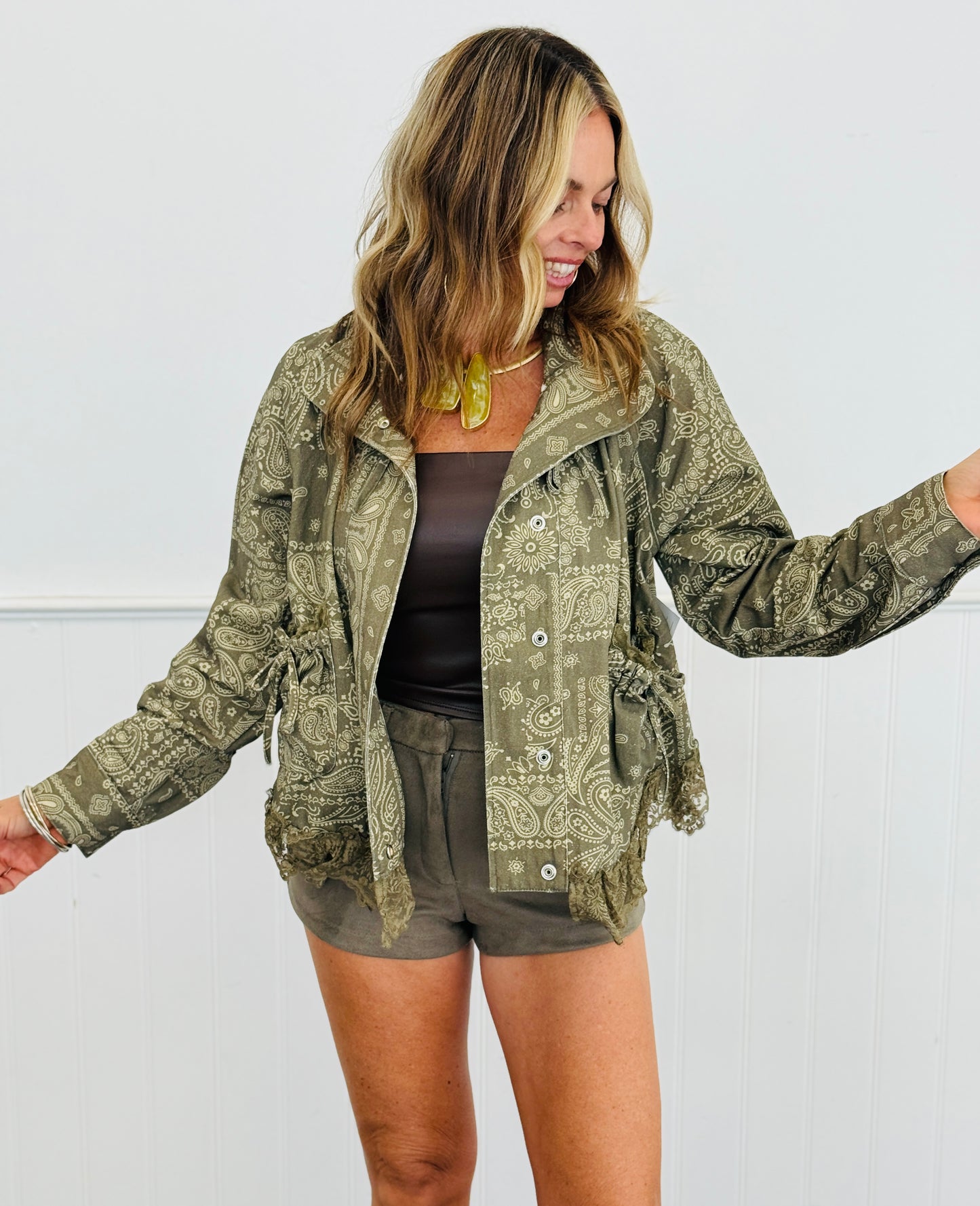 Olive Bandana Paisley Print Lace Trim Jacket (Reg & Plus)