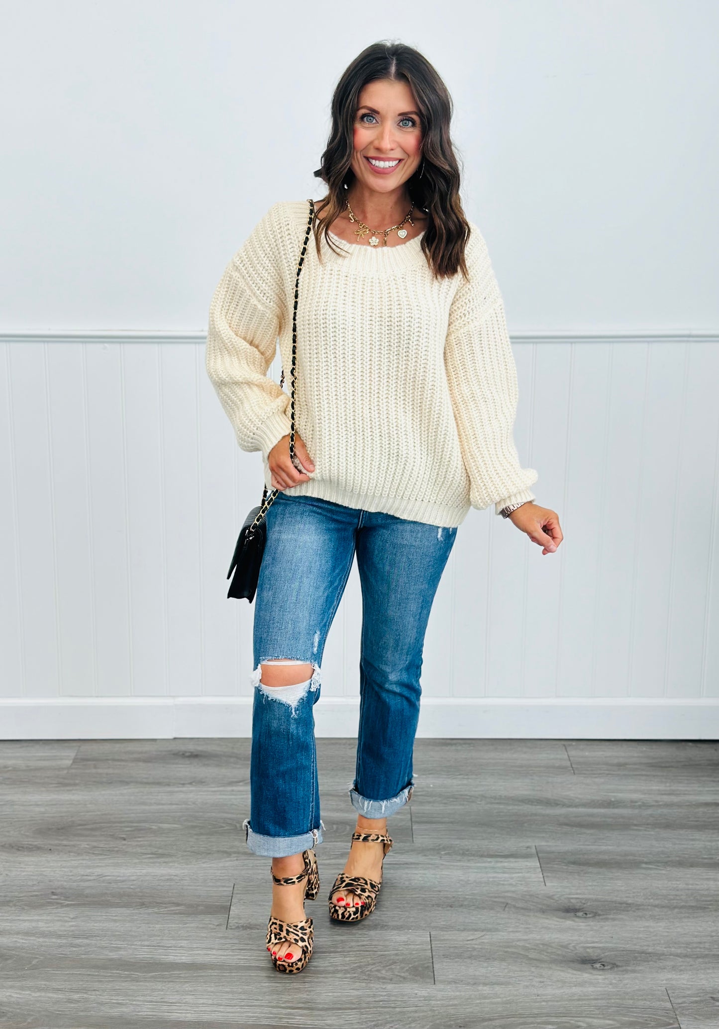 Cream Reversible Lace up Pullover Sweater( Reg & Plus)